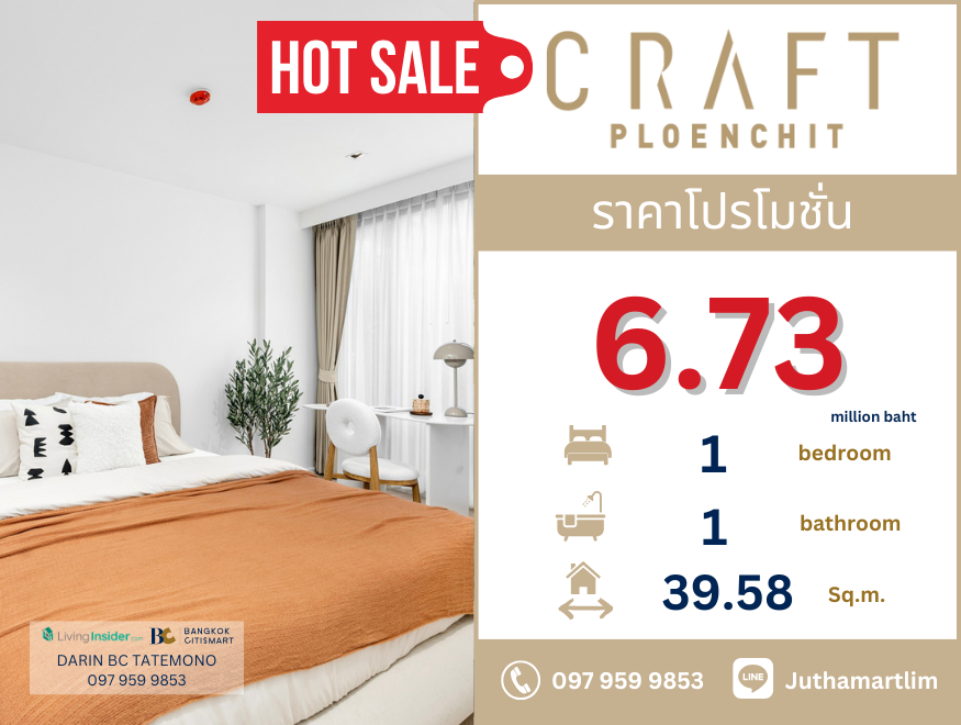 ขายคอนโดวิทยุ ชิดลม หลังสวน : 🔥 แต่งครบ พร้อมอยู่ 🔥Craft Ploenchit รูปแบบ 1 bedroom 1 bathroom 47.54 ตร.ม. ชั้น 2 ราคา 8,081,752 บาท ติดต่อ 0979599853