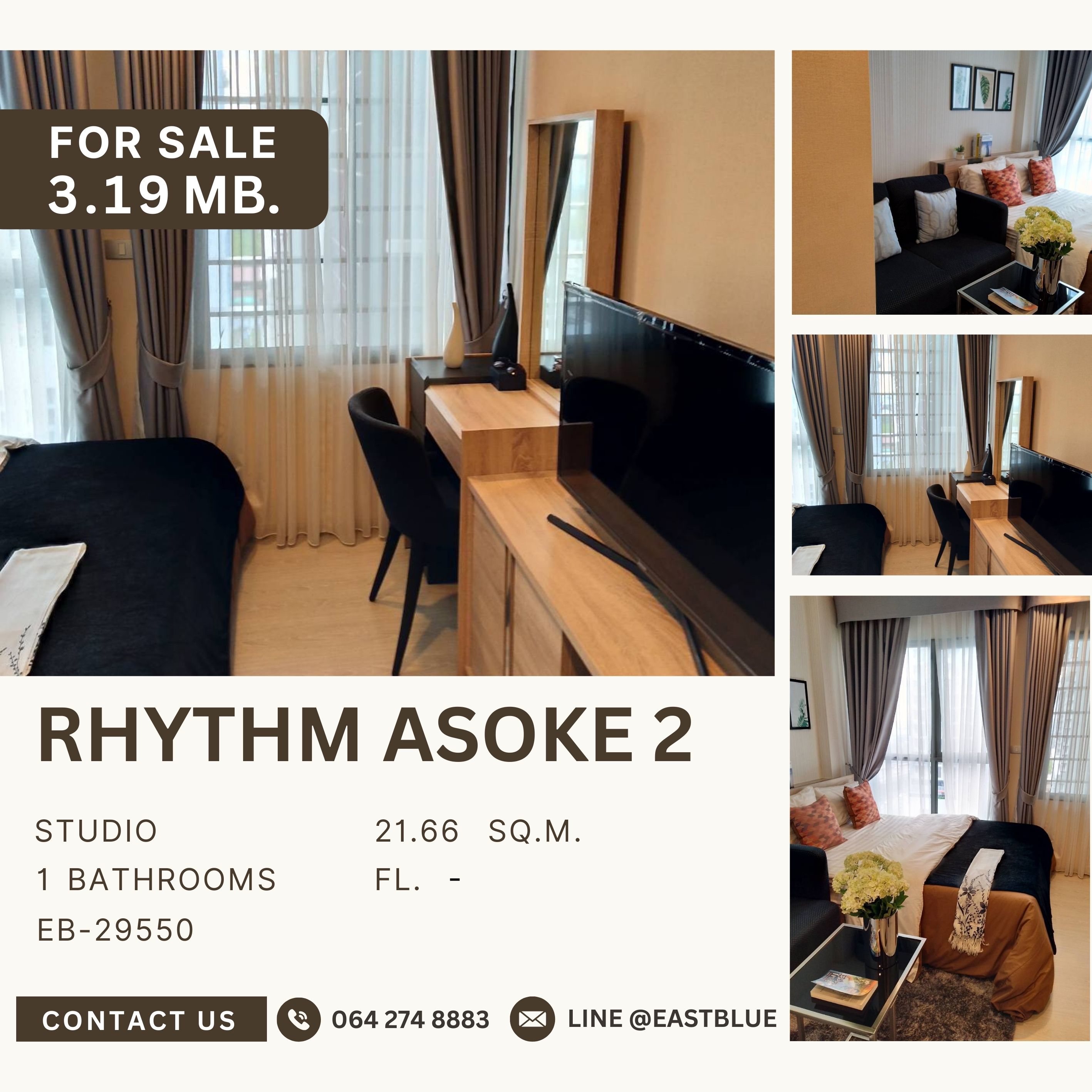 For SaleCondoRama9, Petchburi, RCA : RHYTHM Asoke 2, beautiful room, high floor, good location, 3.19 million baht.