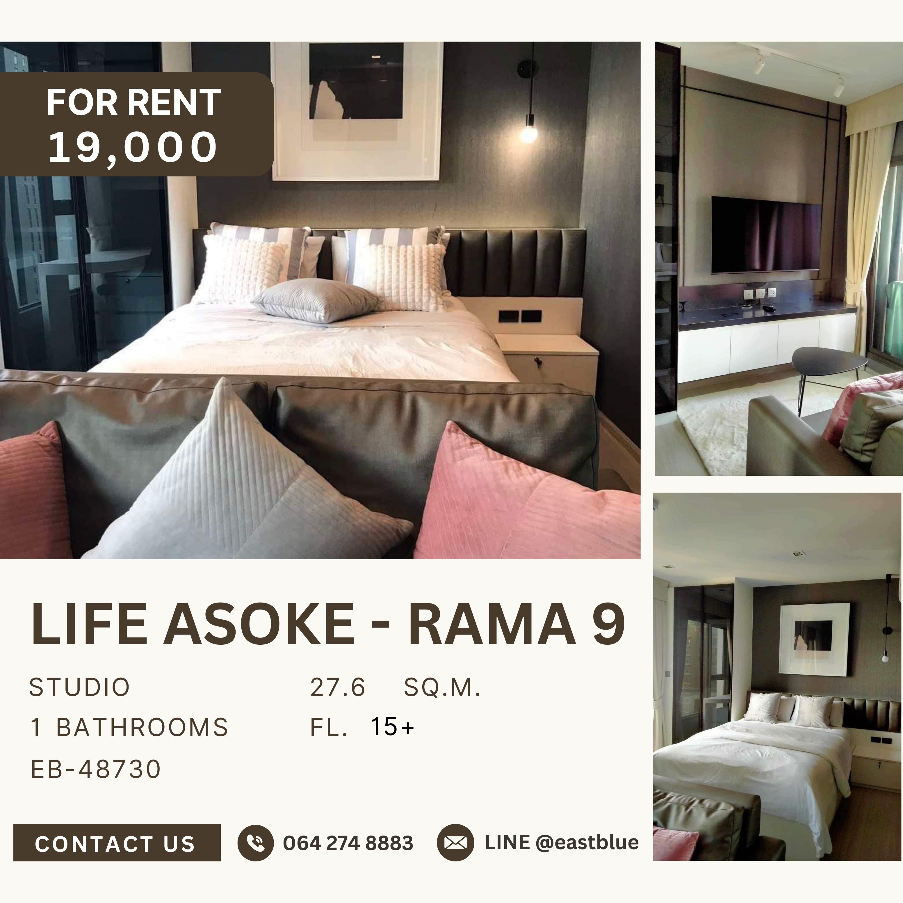 For RentCondoRama9, Petchburi, RCA : Life Asoke - Rama 9, Studio bed, 19000 per month