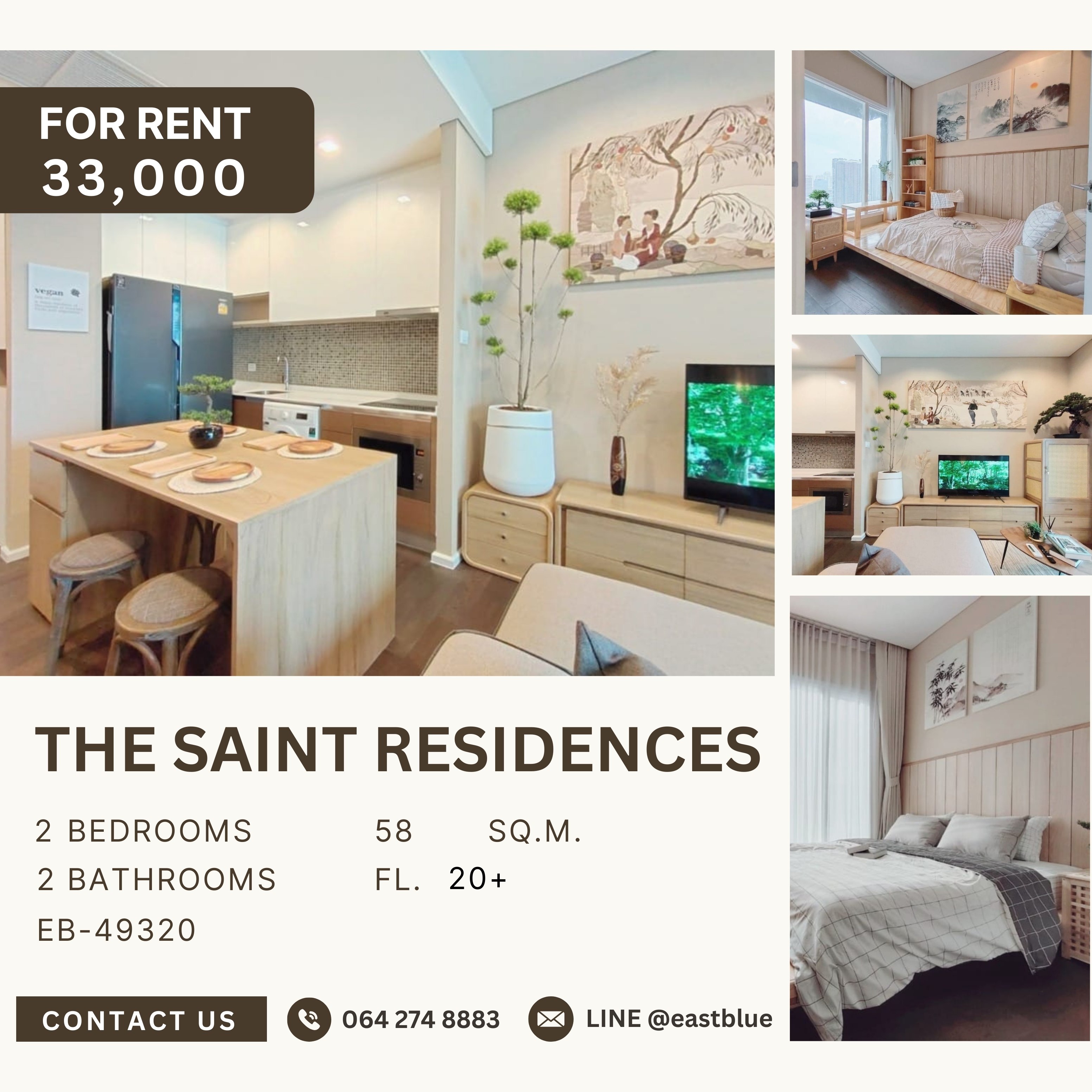 For RentCondoLadprao, Central Ladprao : The Saint Residences, 2 bed, 33000 per month