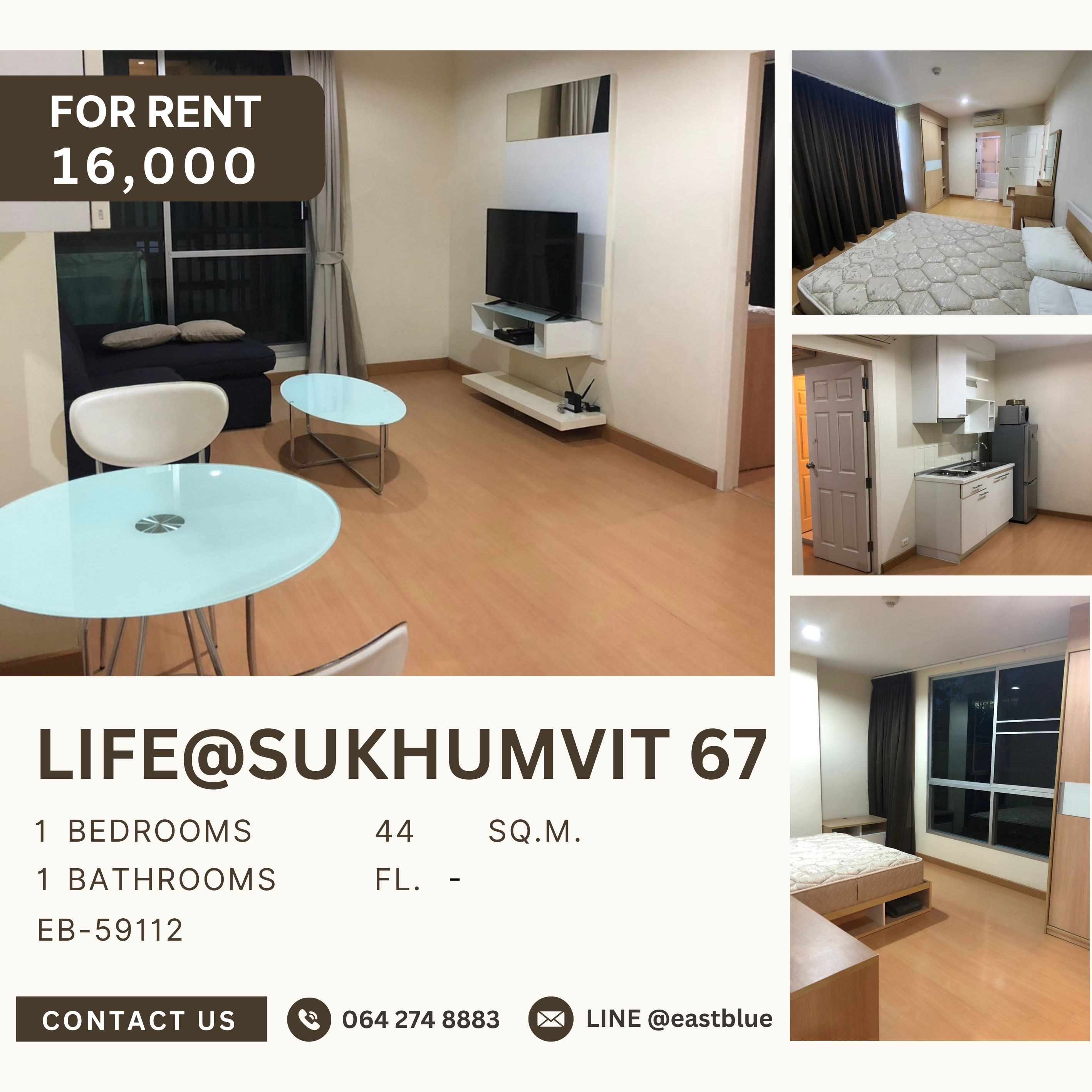 For RentCondoOnnut, Udomsuk : Life@Sukhumvit 67, 1 bed, 16000 per month