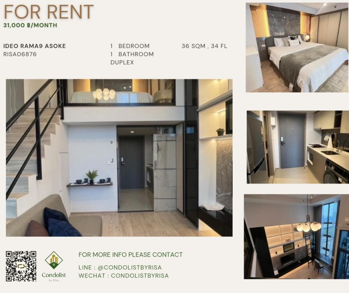 For RentCondoRama9, Petchburi, RCA : Risa06876 Condo for rent, Ideo Rama 9 Asoke, 36 sq m, 34th floor, duplex, 31,000 baht