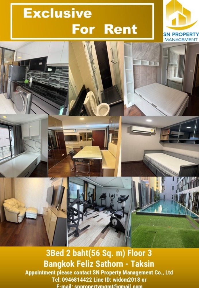 For RentCondoWongwianyai, Charoennakor : (For rent) Condo Bangkok Feliz Sathorn-Taksin 3 bedrooms, 1 bathroom, size 56 sq m, near SENA Fest