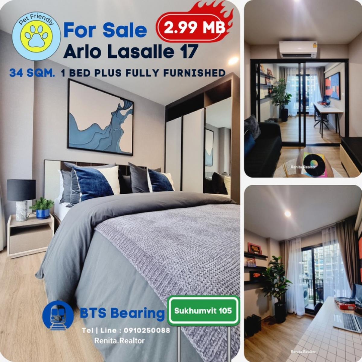 For SaleCondoBangna, Bearing, Lasalle : ✨New Pet-Friendly Condo at  Sukhumvit 105 – Lasalle Starting from Only 2.75 MB. 34 SQM 1 bed 1 bath 1 extra room.✨ 66910250088