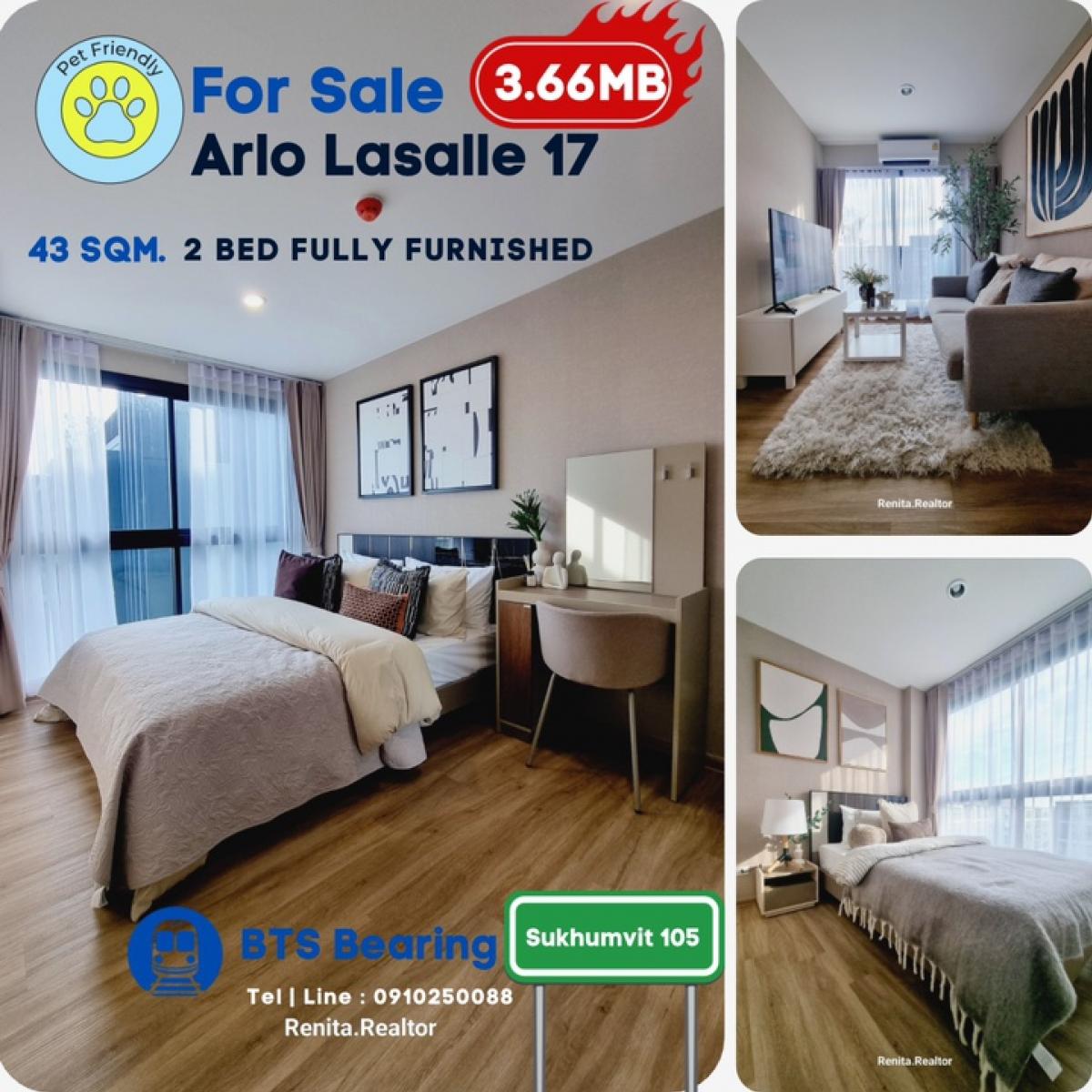 For SaleCondoBangna, Bearing, Lasalle : ✨ Pet-Friendly New condo at Sukhumvit 105 – Lasalle Starting at Only 3.49 MB!✨44 SQM. 2 bedroom