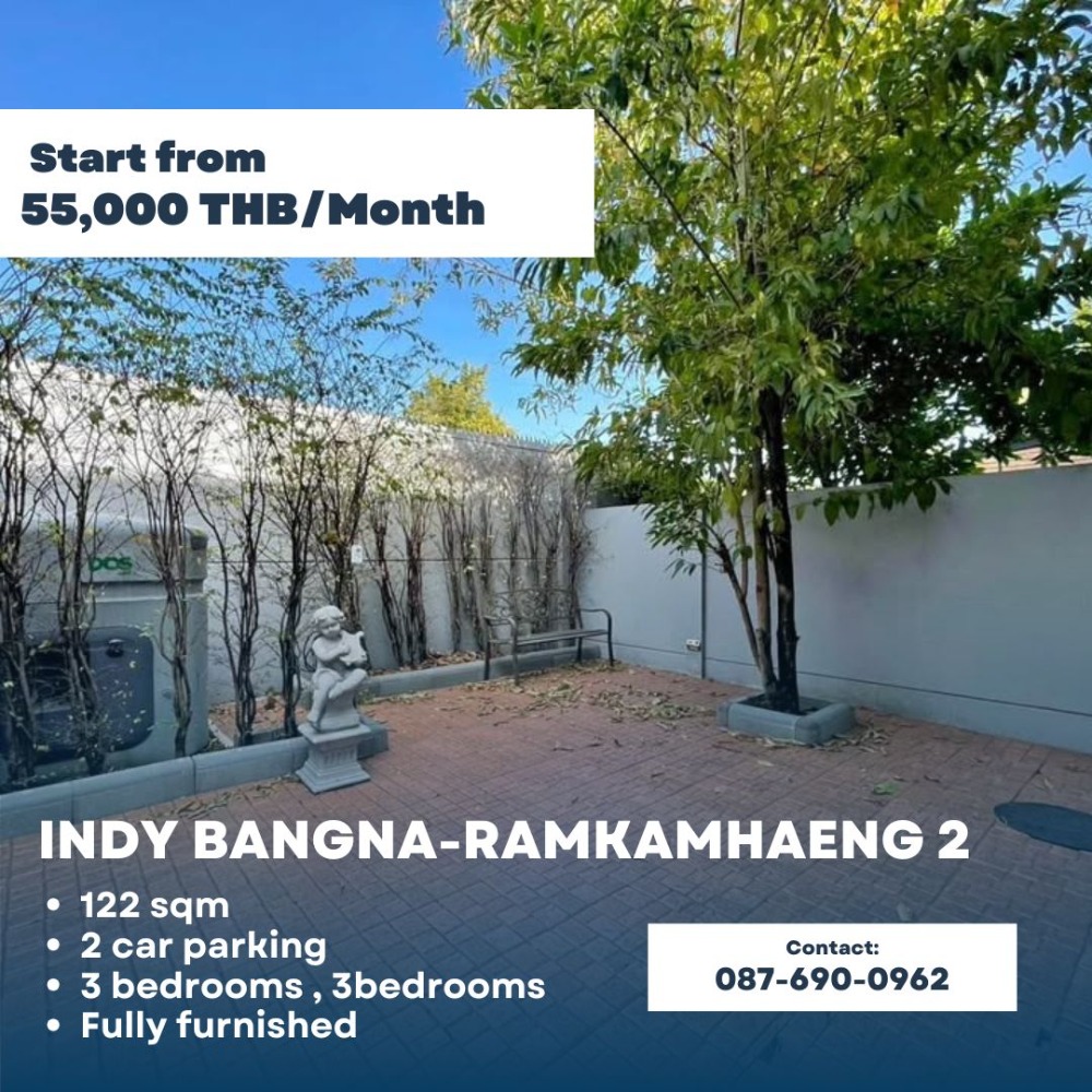 For RentHouseBangna, Bearing, Lasalle : Townhome for rent Indy Bangna-Ramkhamhaeng 2, 3 bedrooms, 3 bathrooms, size 122 sq m, good location: convenient transportation