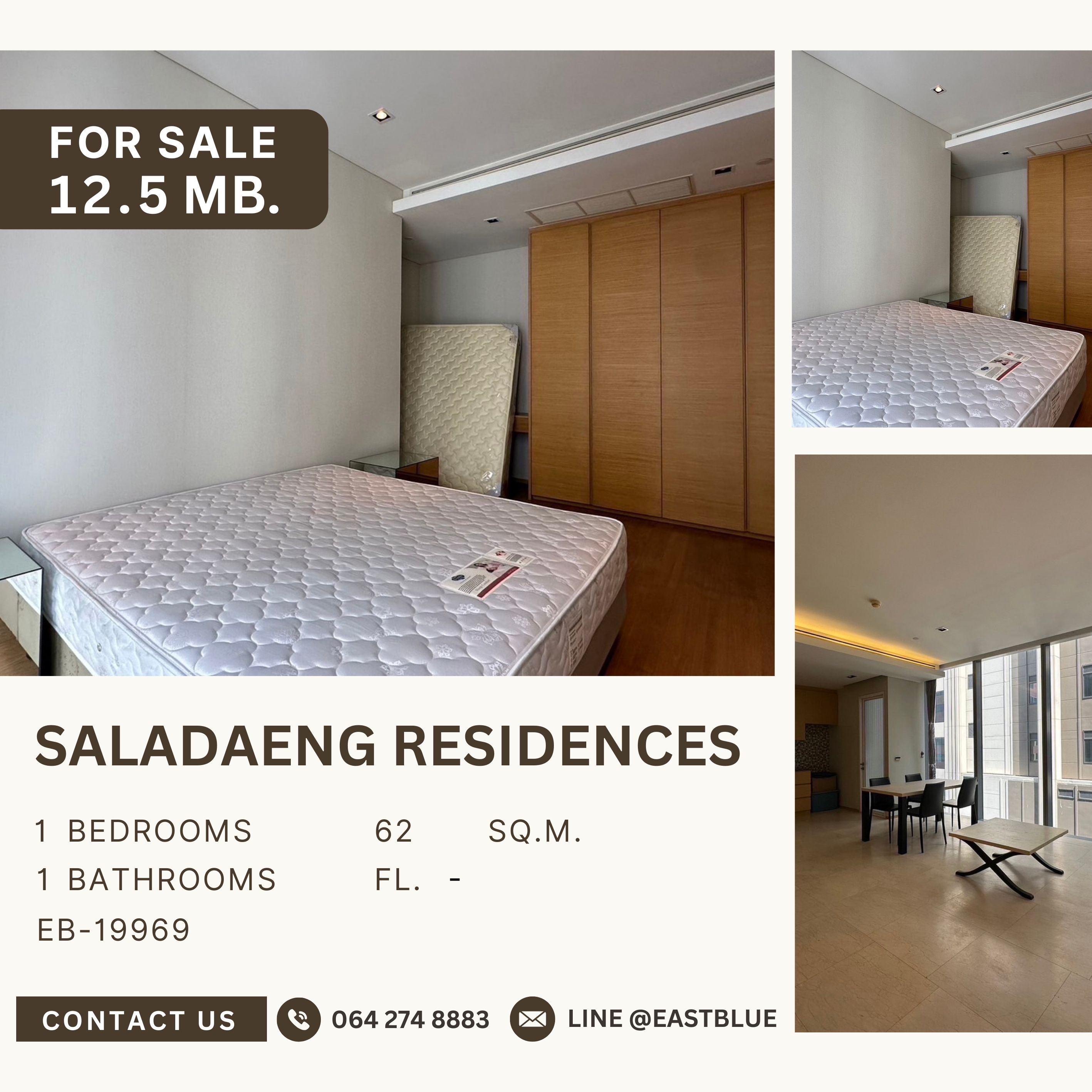 For SaleCondoSilom, Saladaeng, Bangrak : Saladaeng residences 1 bedroom, very large size The living room is 12.5 MB wide.