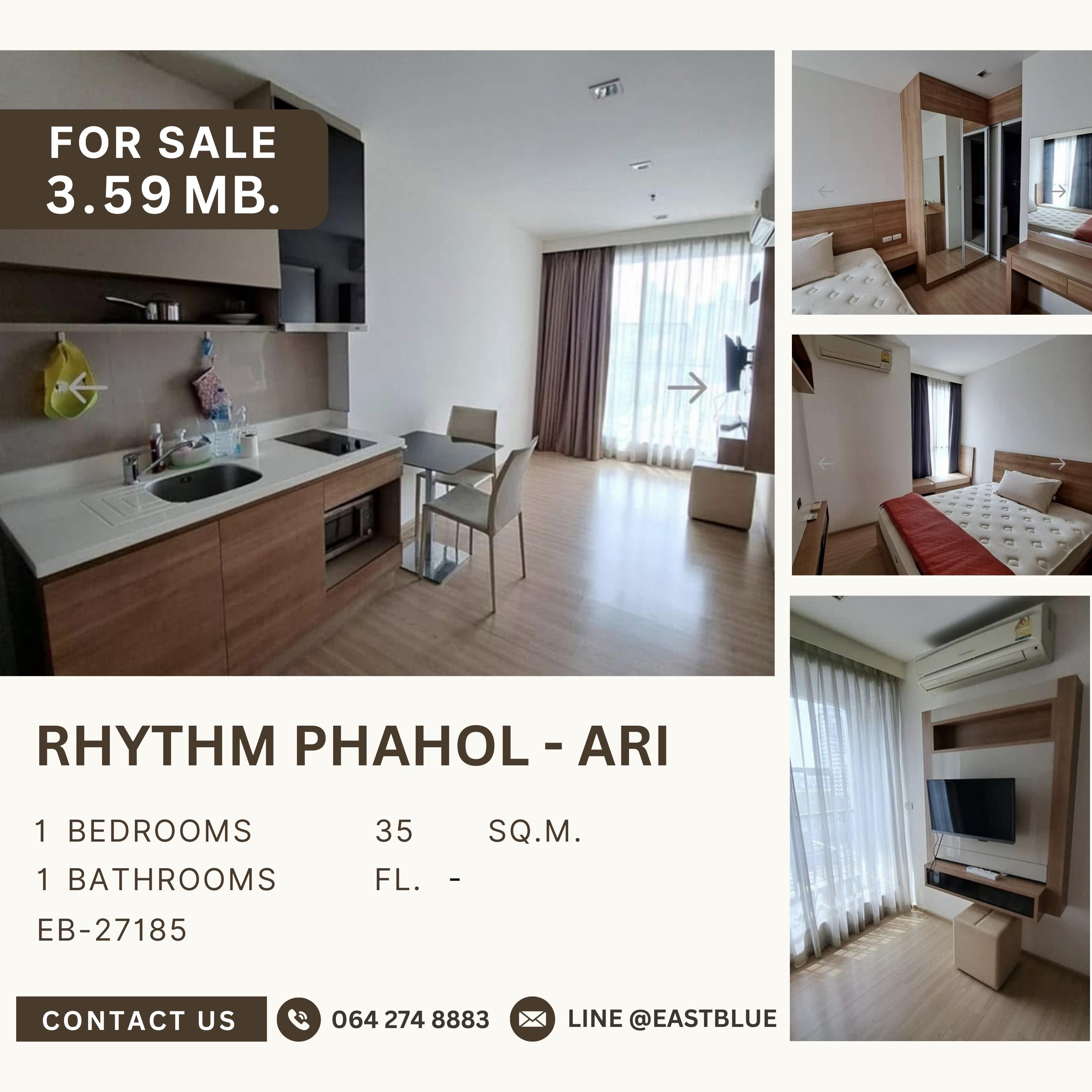 For SaleCondoSapankwai,Jatujak : Rhythm phahol-Ari, best price in the building The room is in very good condition. The owner has never rented it out. Complete central area, price less than 3 million trees.