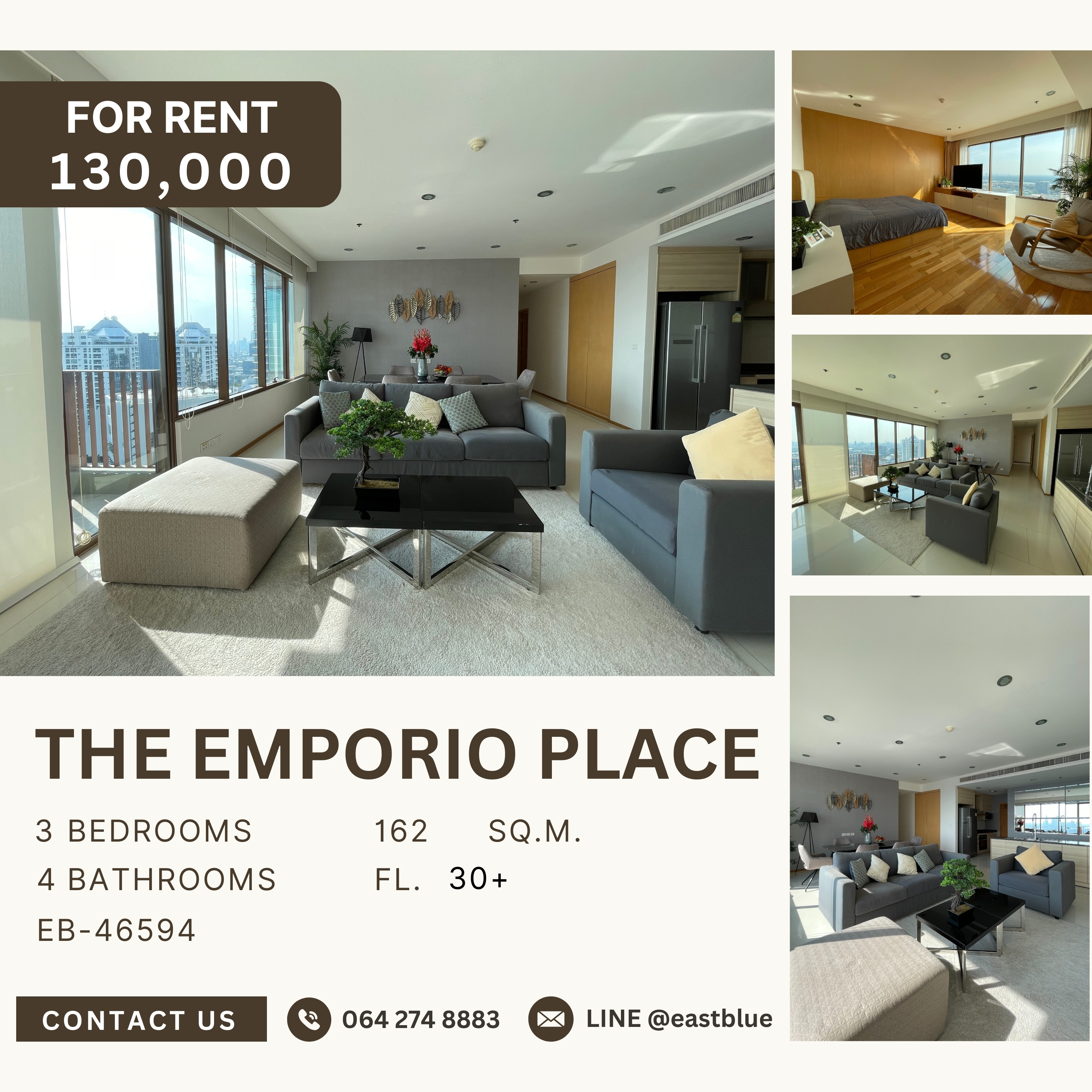 For RentCondoSukhumvit, Asoke, Thonglor : The Emporio Place, 3 bed, 130000 per month