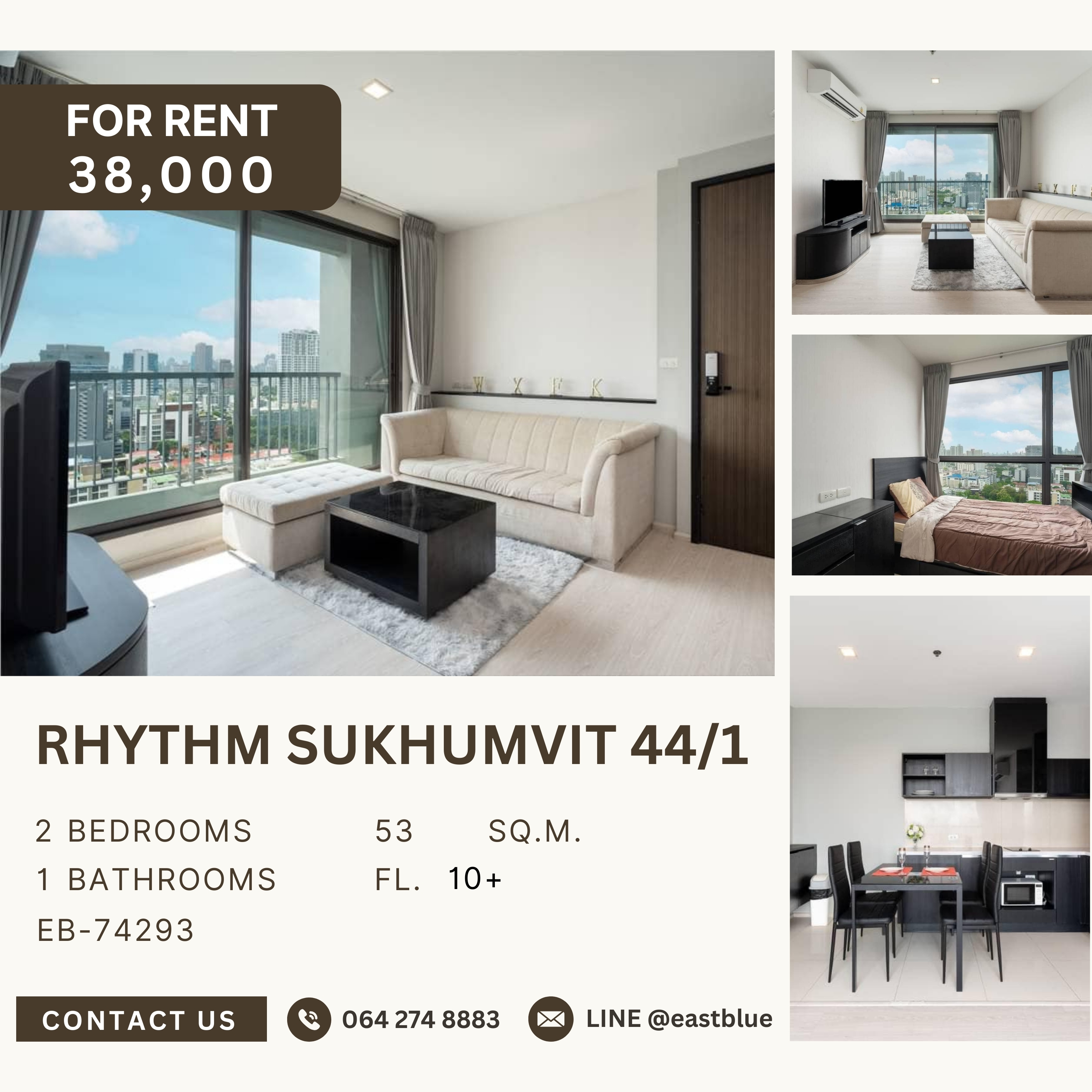 ให้เช่าคอนโดอ่อนนุช อุดมสุข : RHYTHM Sukhumvit 44/1, 2 bed, 38000 per month