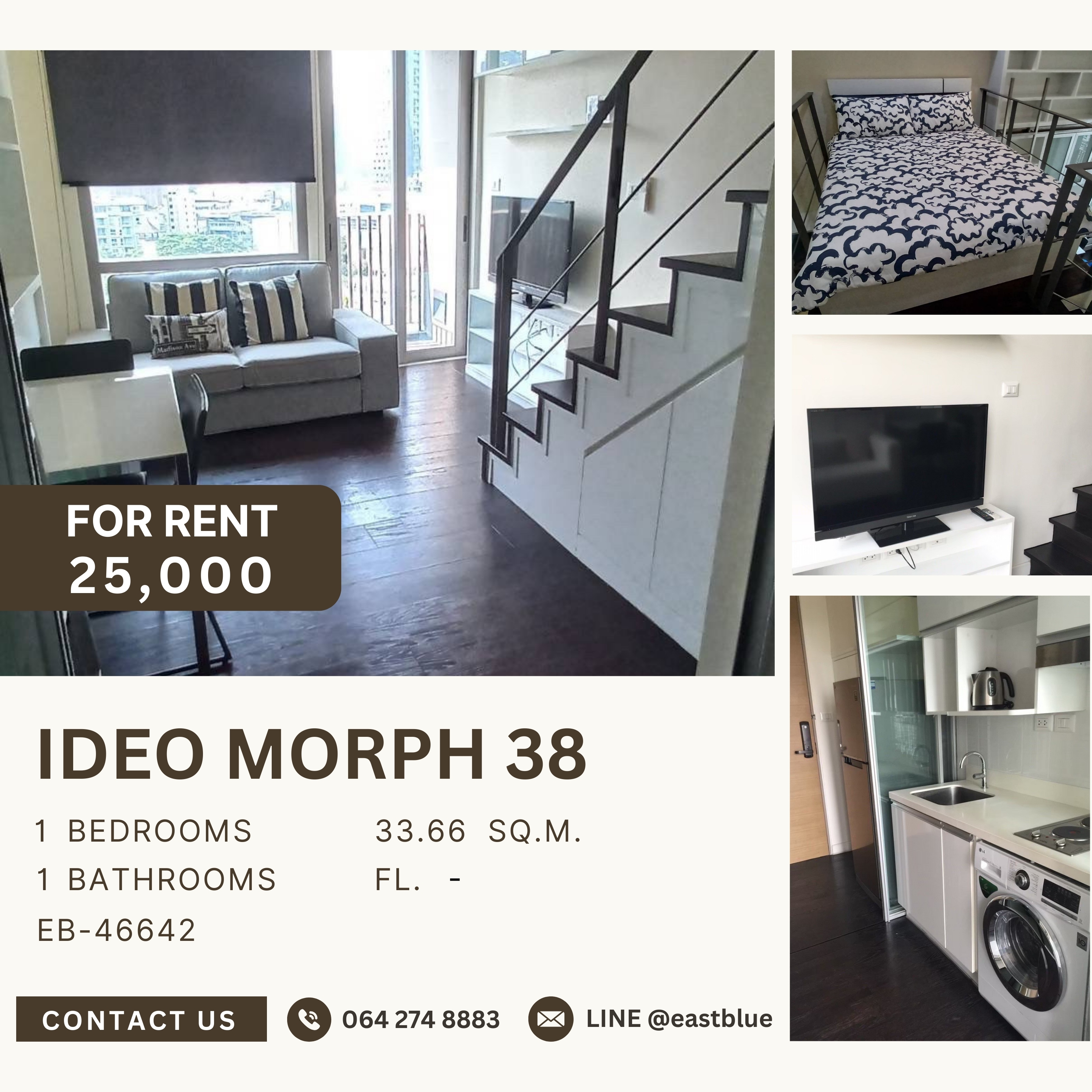 ให้เช่าคอนโดสุขุมวิท อโศก ทองหล่อ : Ideo Morph 38, 1 bed, 25000 per month