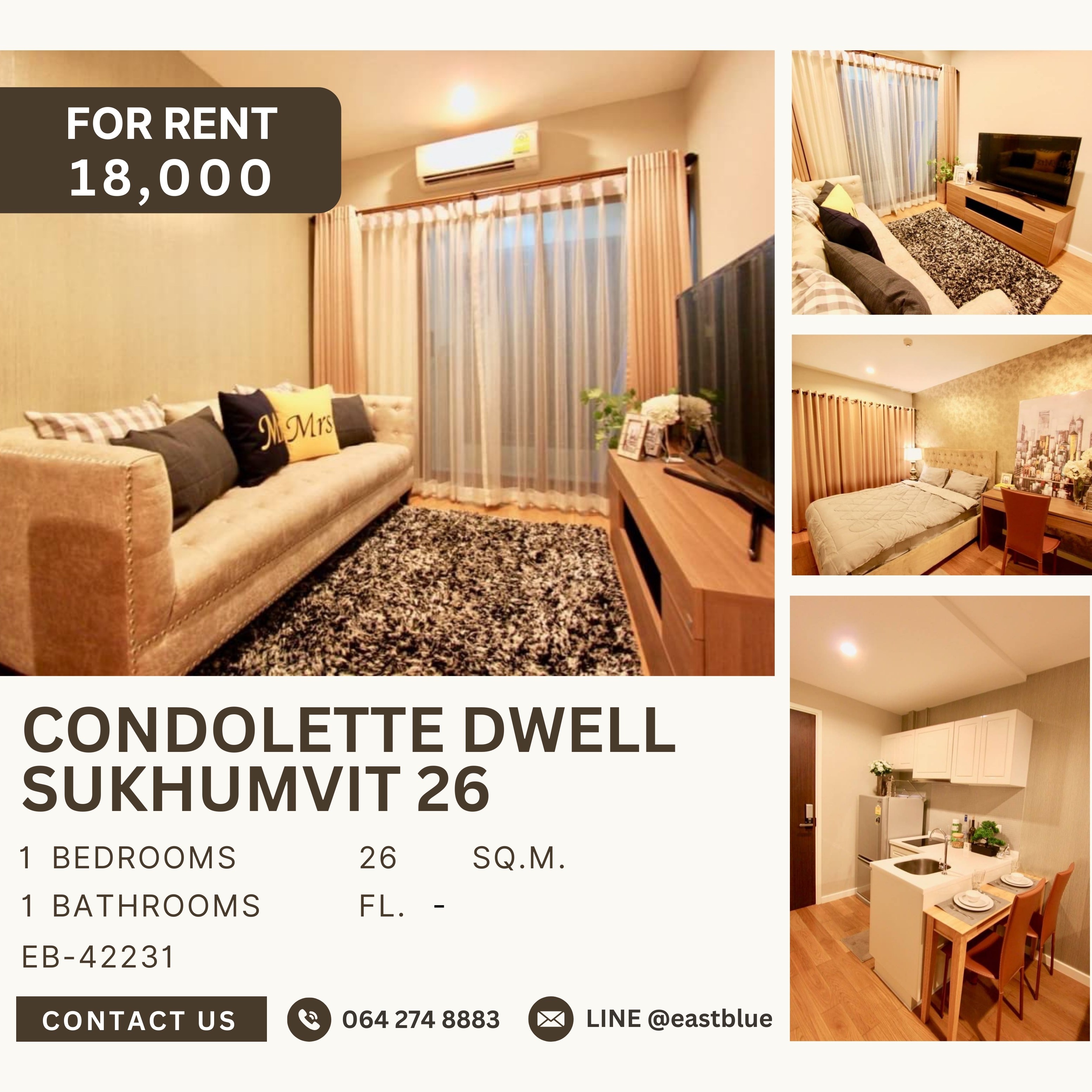 For RentCondoSukhumvit, Asoke, Thonglor : Condolette Dwell Sukhumvit 26, 1 bed, 18000 per month