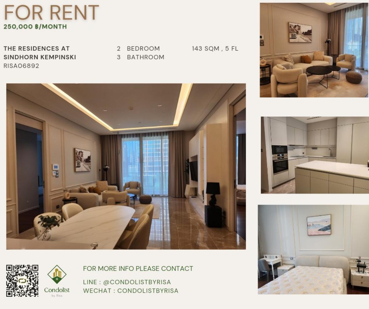 For RentCondoWitthayu, Chidlom, Langsuan, Ploenchit : Risa06892 Condo for rent The residences at sindhorn kempinski 143 sq m, 5th floor, 2 bedrooms, 3 bathrooms, only 250,000 baht