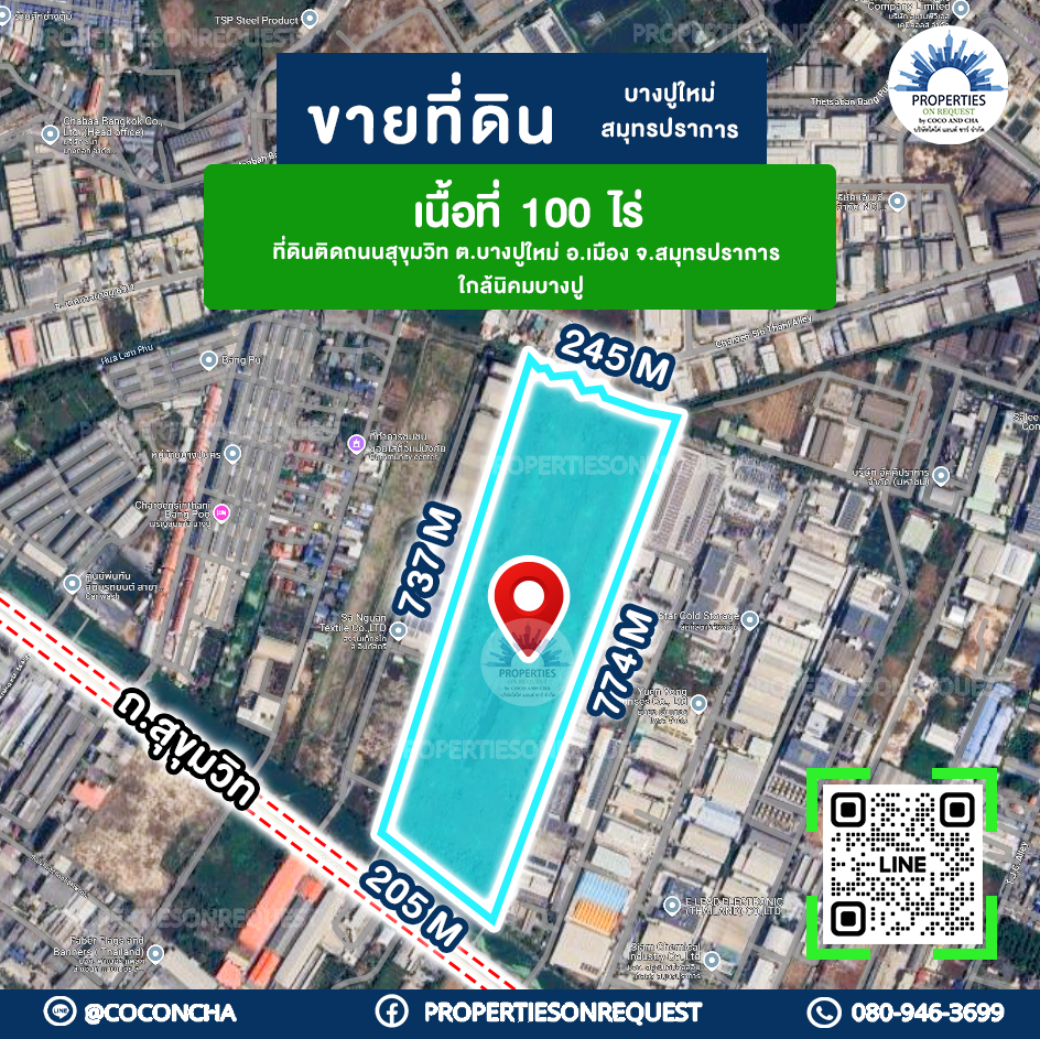 For SaleLandSamut Prakan,Samrong : 📢Purple land for sale, Sukhumvit Road, Mueang Samut Prakan District, near Bangpoo Industrial Estate, hospital, Lotus, market, Big C.. suitable for building factories, warehouses, offices (area 100 rai)📌(Property number: COL451)