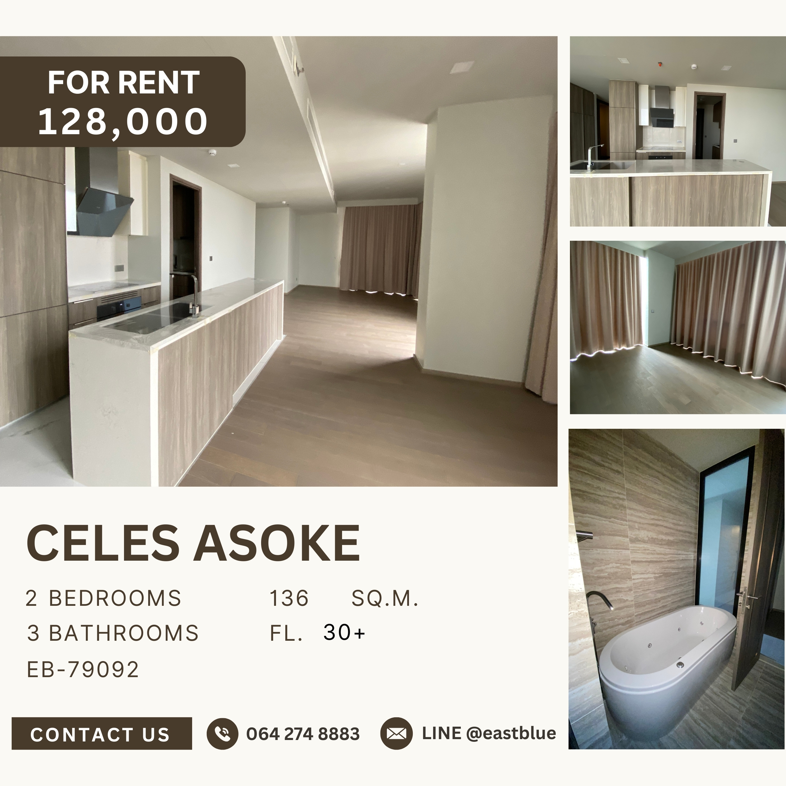 ให้เช่าคอนโดสุขุมวิท อโศก ทองหล่อ : Celes Asoke, 2 bed, 128000 per month