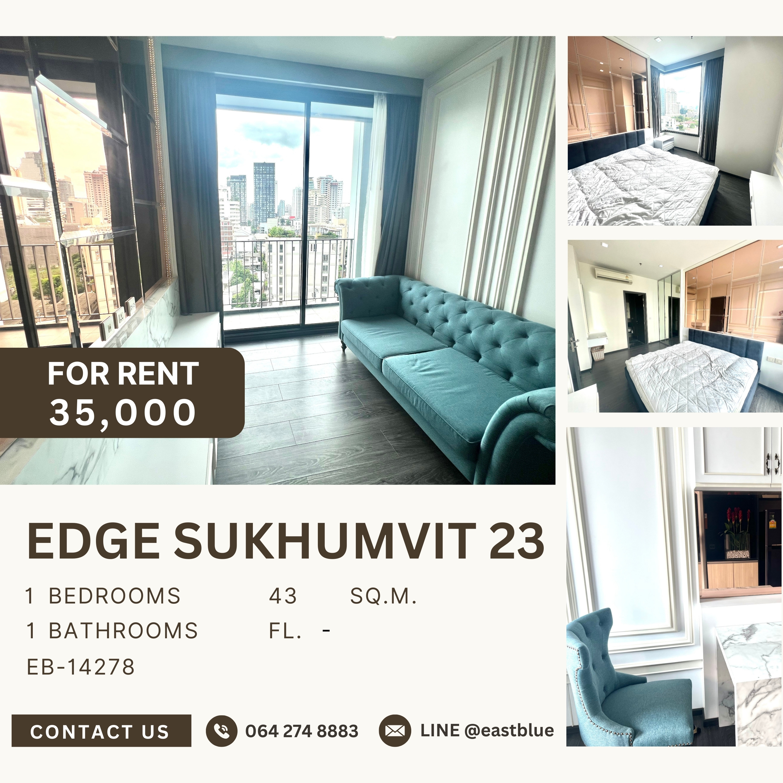 ให้เช่าคอนโดสุขุมวิท อโศก ทองหล่อ : Edge Sukhumvit 23, 1 bed, 35000 per month