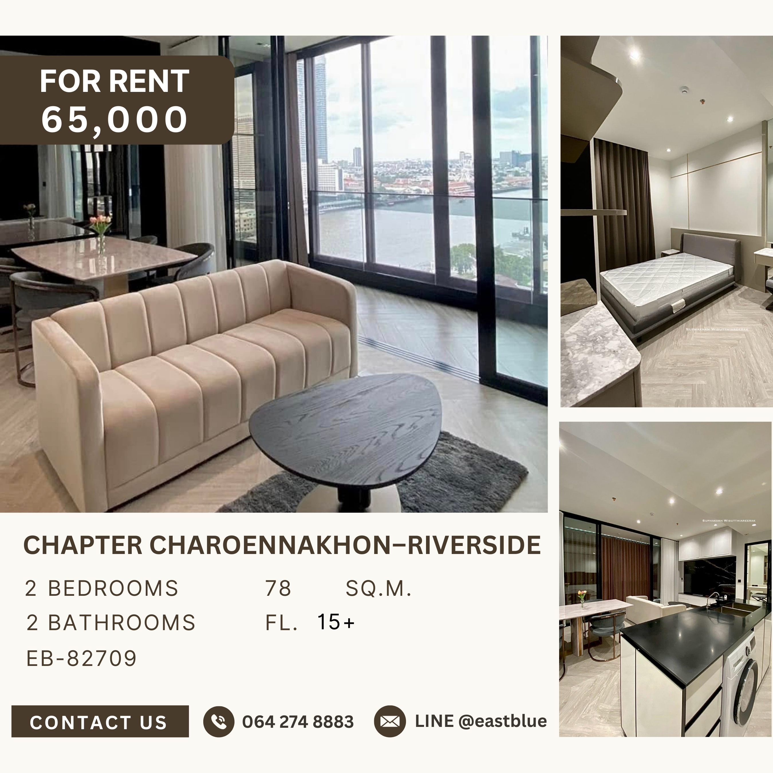 ให้เช่าคอนโดวงเวียนใหญ่ เจริญนคร : Chapter Charoennakhon–Riverside, 2 bed, 65000 per month