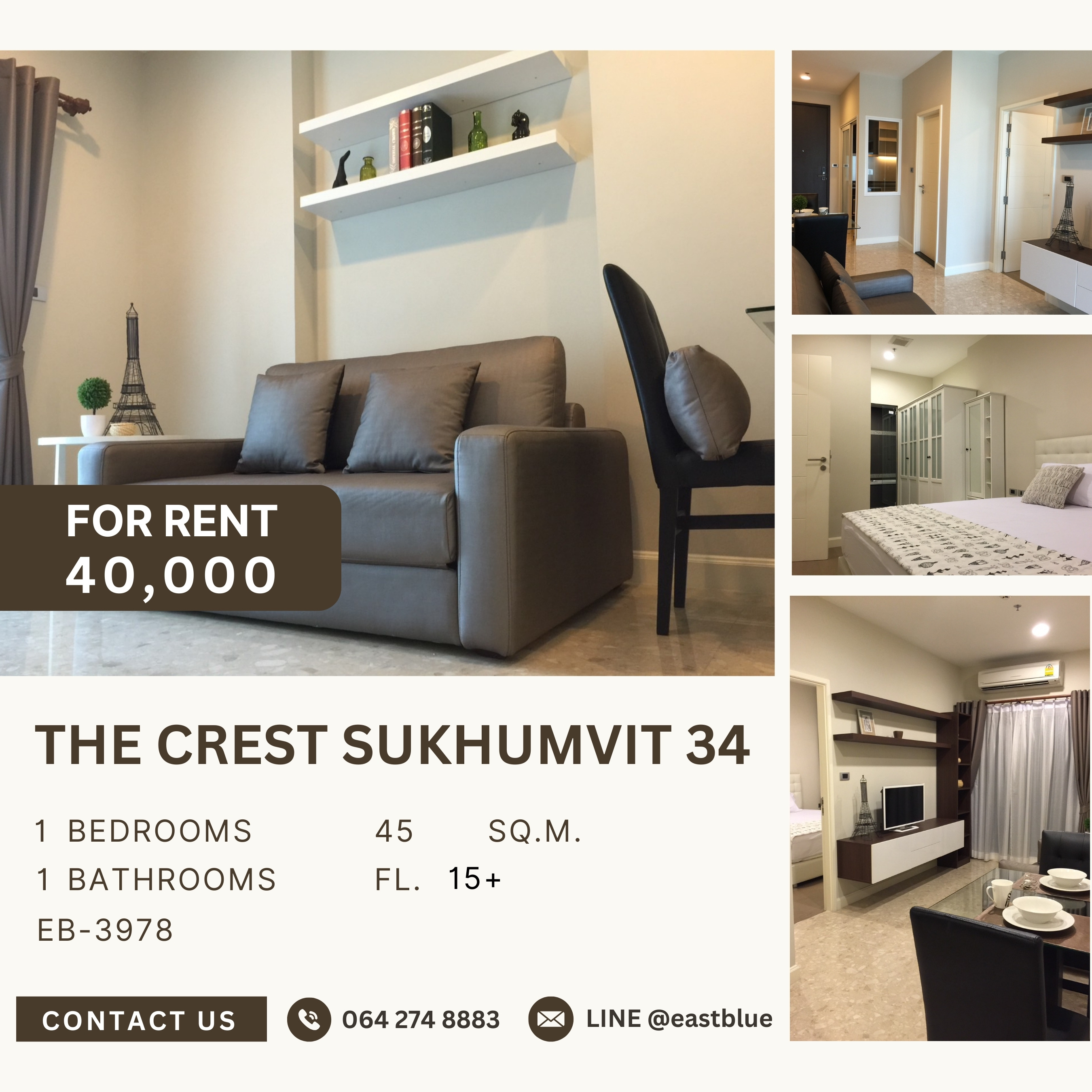 For RentCondoSukhumvit, Asoke, Thonglor : The Crest Sukhumvit 34, 1 bed, 40000 per month