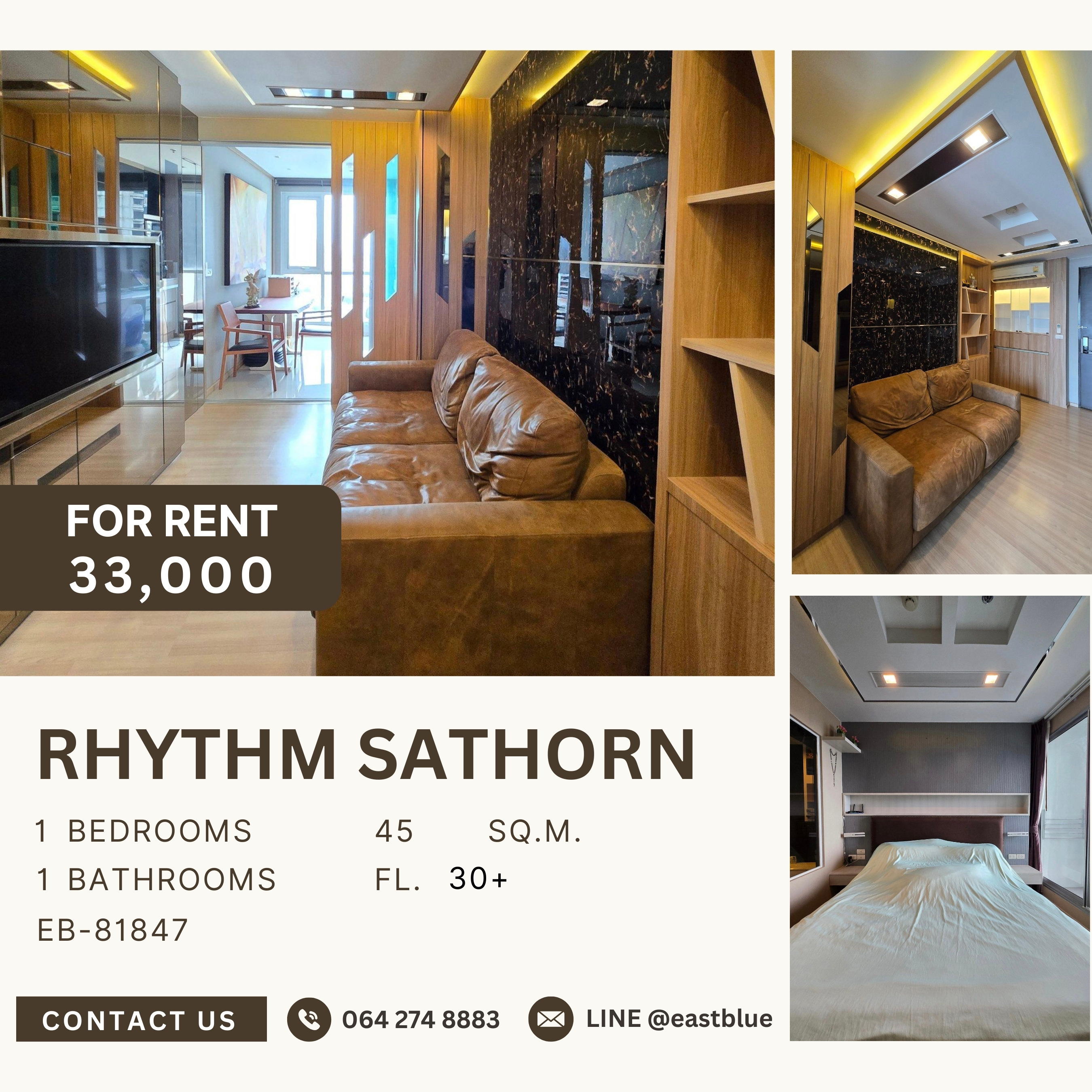 For RentCondoSathorn, Narathiwat : RHYTHM Sathorn, 1 bed, 33000 per month