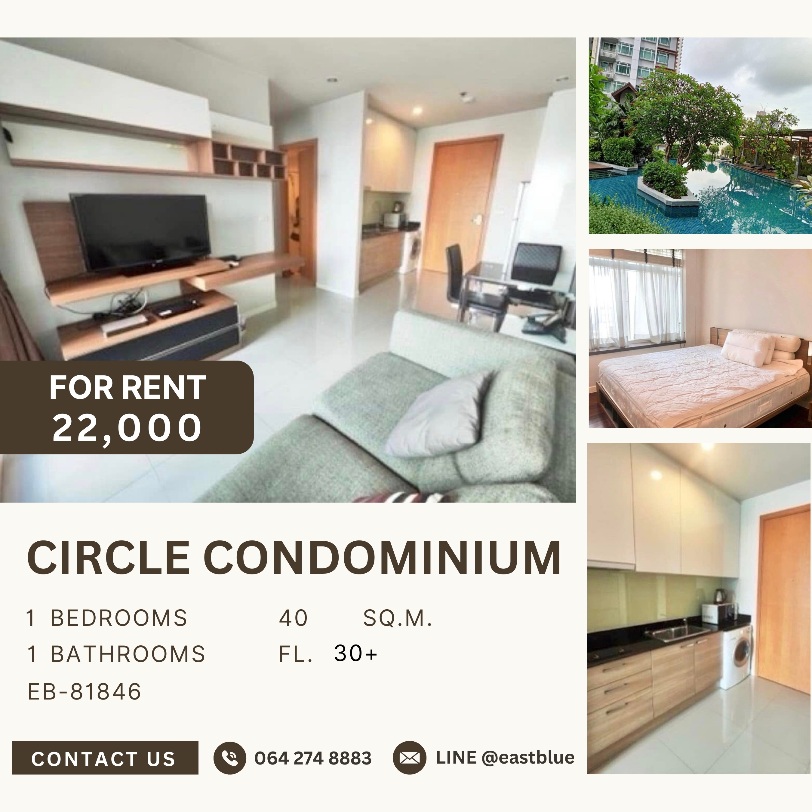 For RentCondoRama9, Petchburi, RCA : Circle Condominium, 1 bed, 22000 per month