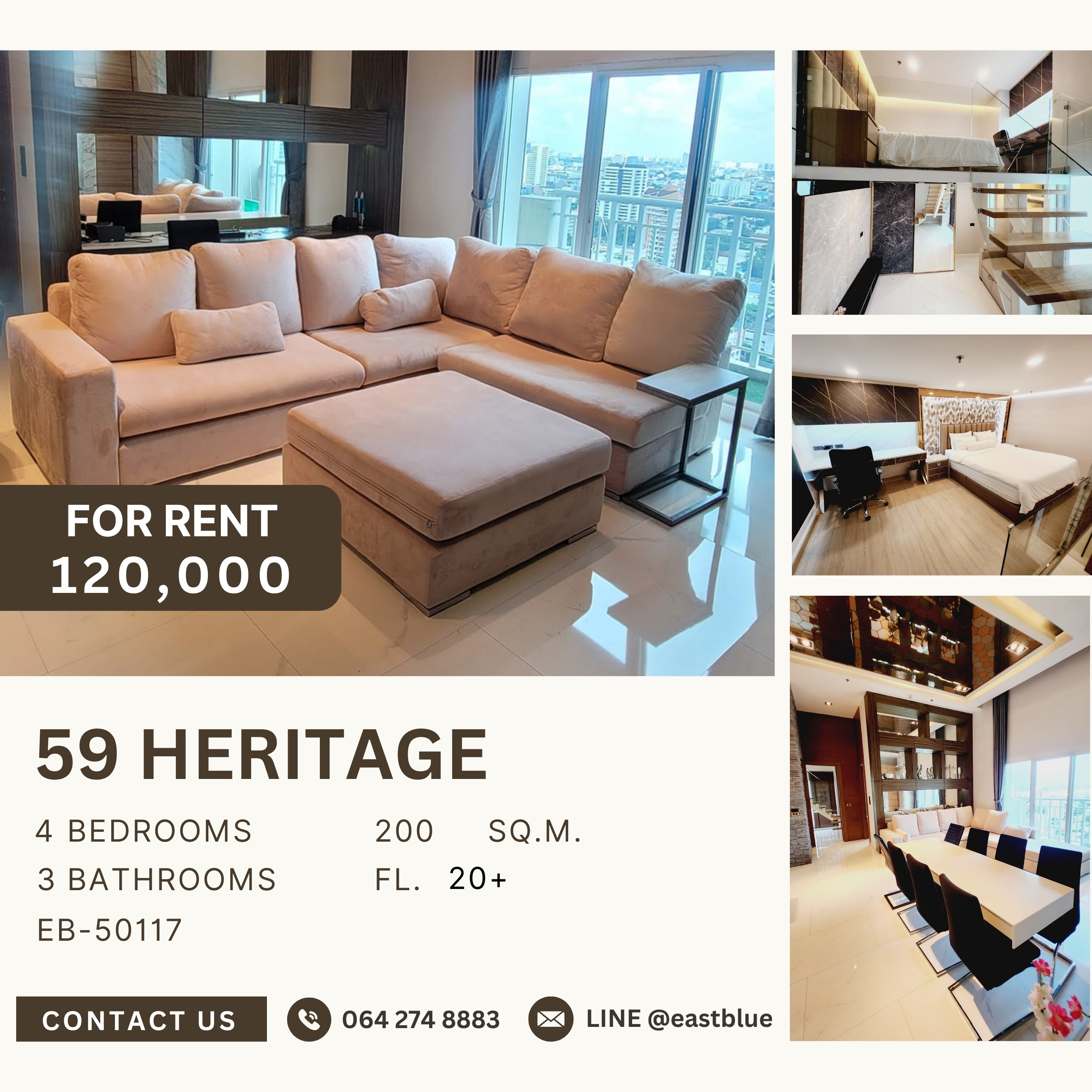 ให้เช่าคอนโดสุขุมวิท อโศก ทองหล่อ : 59 Heritage, 4 bed, 120000 per month