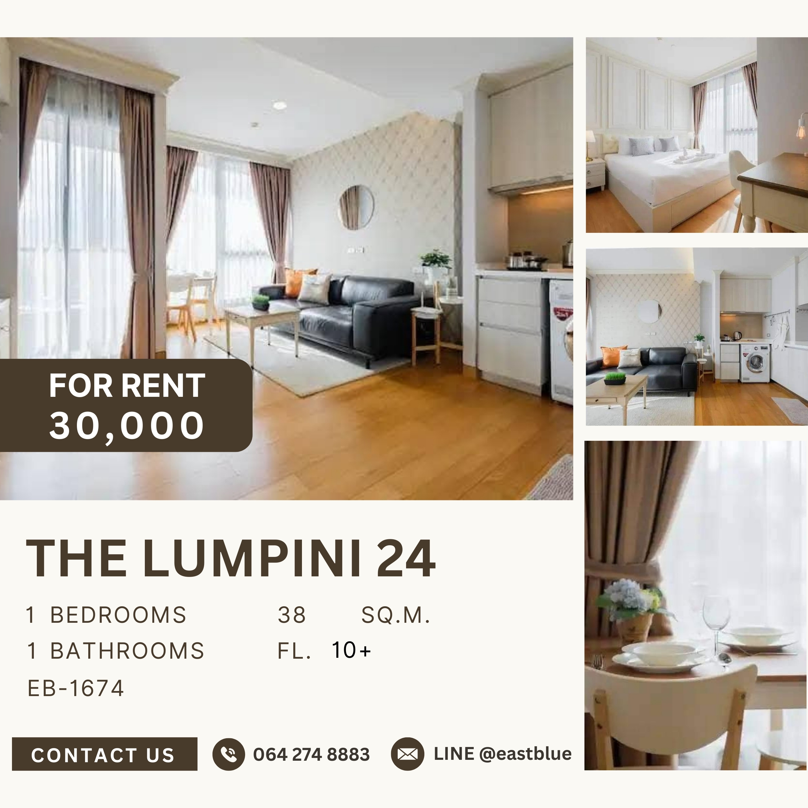 For RentCondoSukhumvit, Asoke, Thonglor : The Lumpini 24, 1 bed, 30000 per month