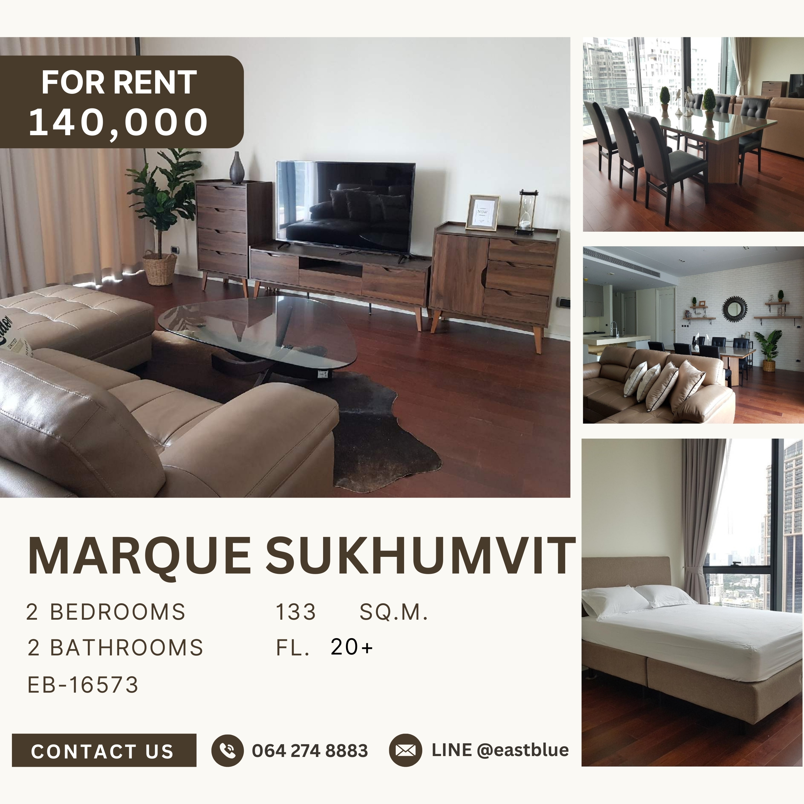 ให้เช่าคอนโดสุขุมวิท อโศก ทองหล่อ : Marque Sukhumvit, 2 bed, 140000 per month