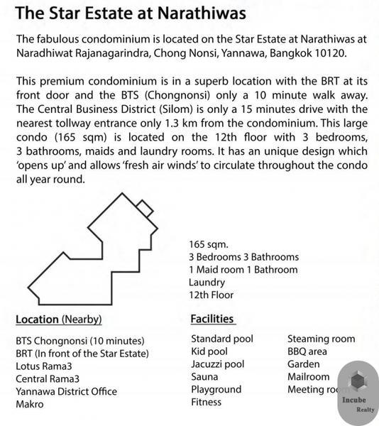 For SaleCondoSathorn, Narathiwat : Condo For Sale The Star Estate @ Narathiwas 3 Bedroom 3 Bathroom 165.1 sqm