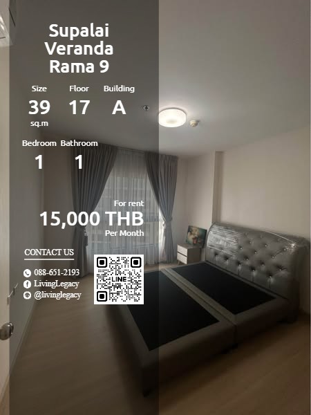 For RentCondoRama9, Petchburi, RCA : SO8KUD Condo for rent Supalai Veranda Rama 9 39 sq m. 17th floor, Building A line id : @livinglegacy