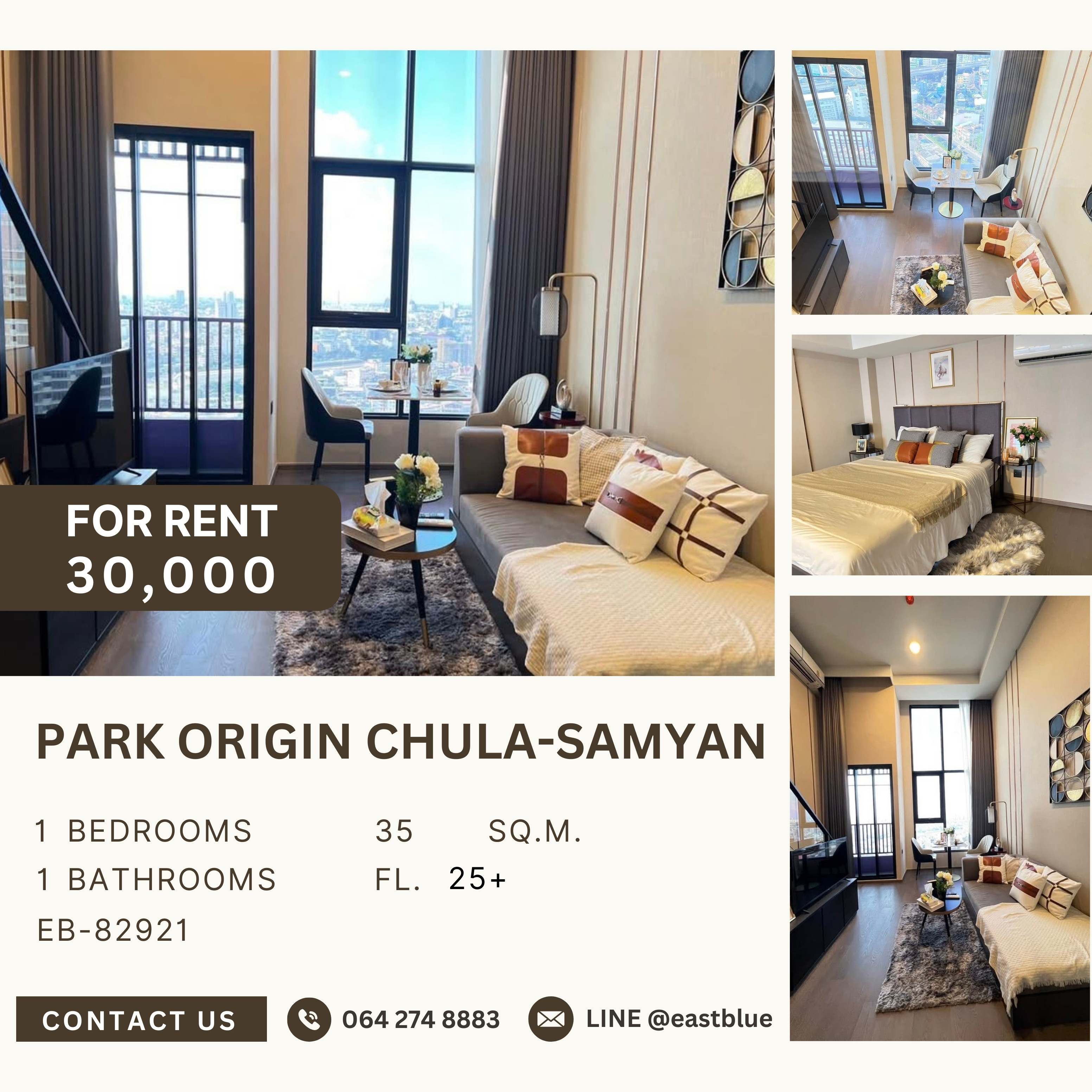 ให้เช่าคอนโดสยาม จุฬา สามย่าน : Park Origin Chula-Samyan, 1 bed, 30000 per month