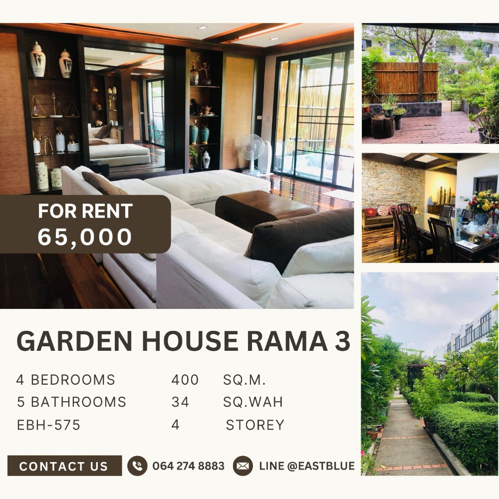 For RentTownhouseRama3 (Riverside),Satupadit : Townhouse for rent, 4 floors, garden view, 34 sq m., Garden House Rama 3, beautiful house with style, in the heart of the city, Rama 3 location, quiet, shady, decorated in Thai Oriental Style.