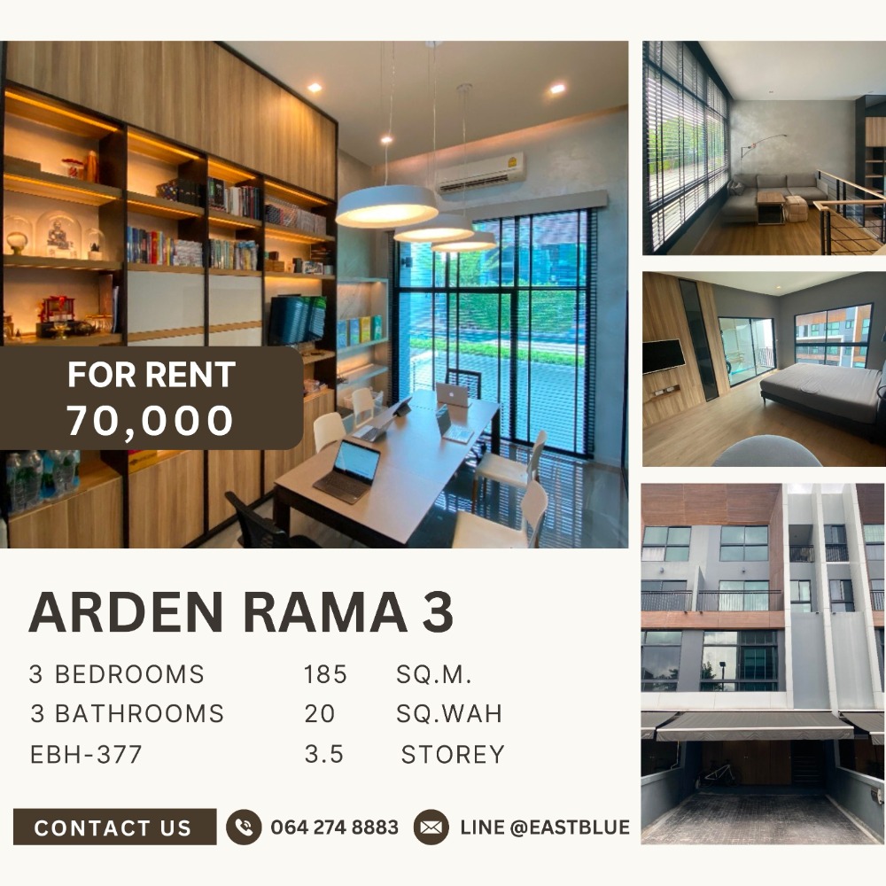 For RentTownhouseRama3 (Riverside),Satupadit : Arden Rama 3 (Arden Rama 3) 3.5-storey townhouse with furniture, front and back zone houses next to the swimming pool, there are only a few units in the project.