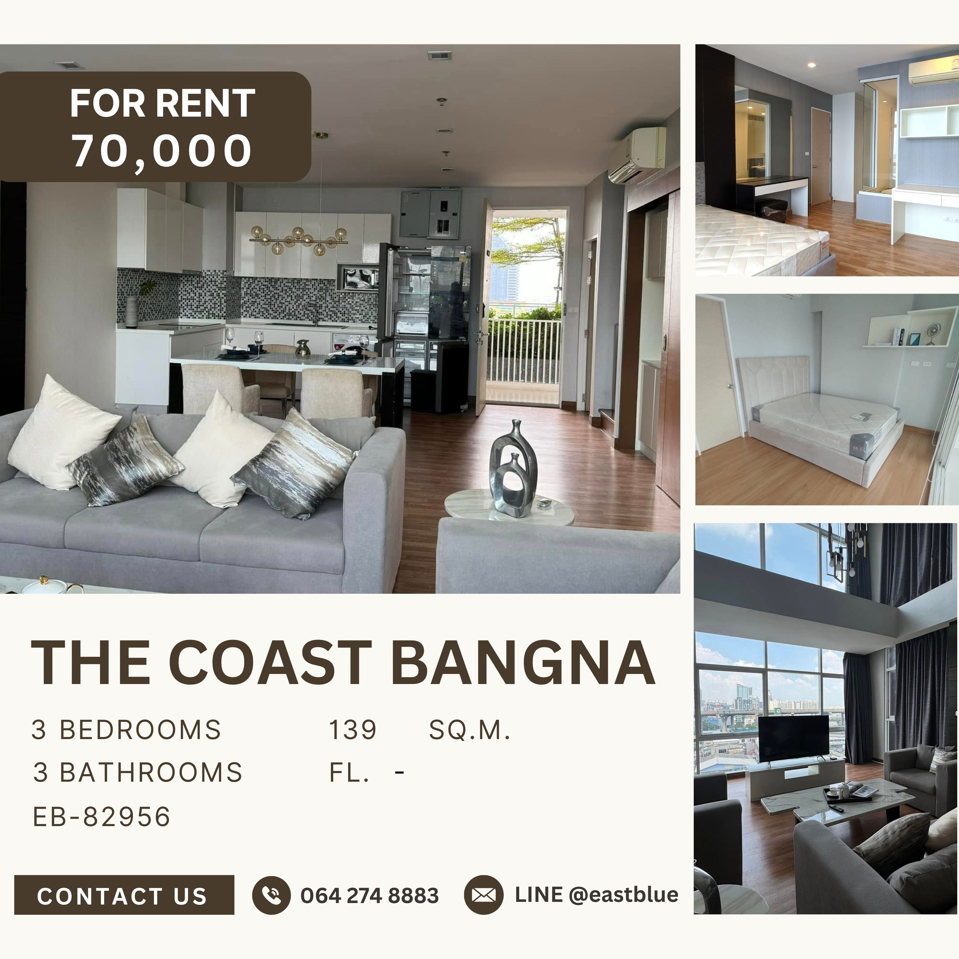 ให้เช่าคอนโดบางนา แบริ่ง ลาซาล : The Coast Bangna, 3 bed, 70000 per month