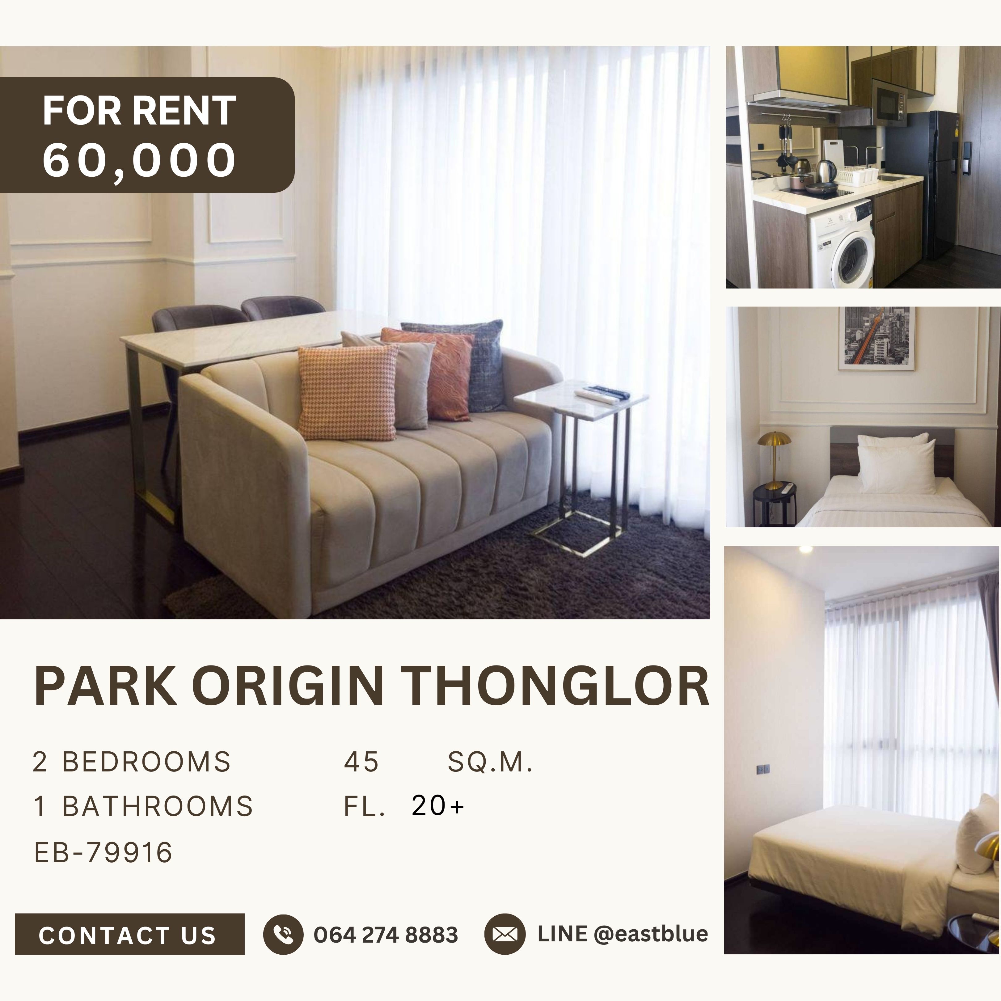 For RentCondoSukhumvit, Asoke, Thonglor : Park Origin Thonglor, 2 bed, 60000 per month