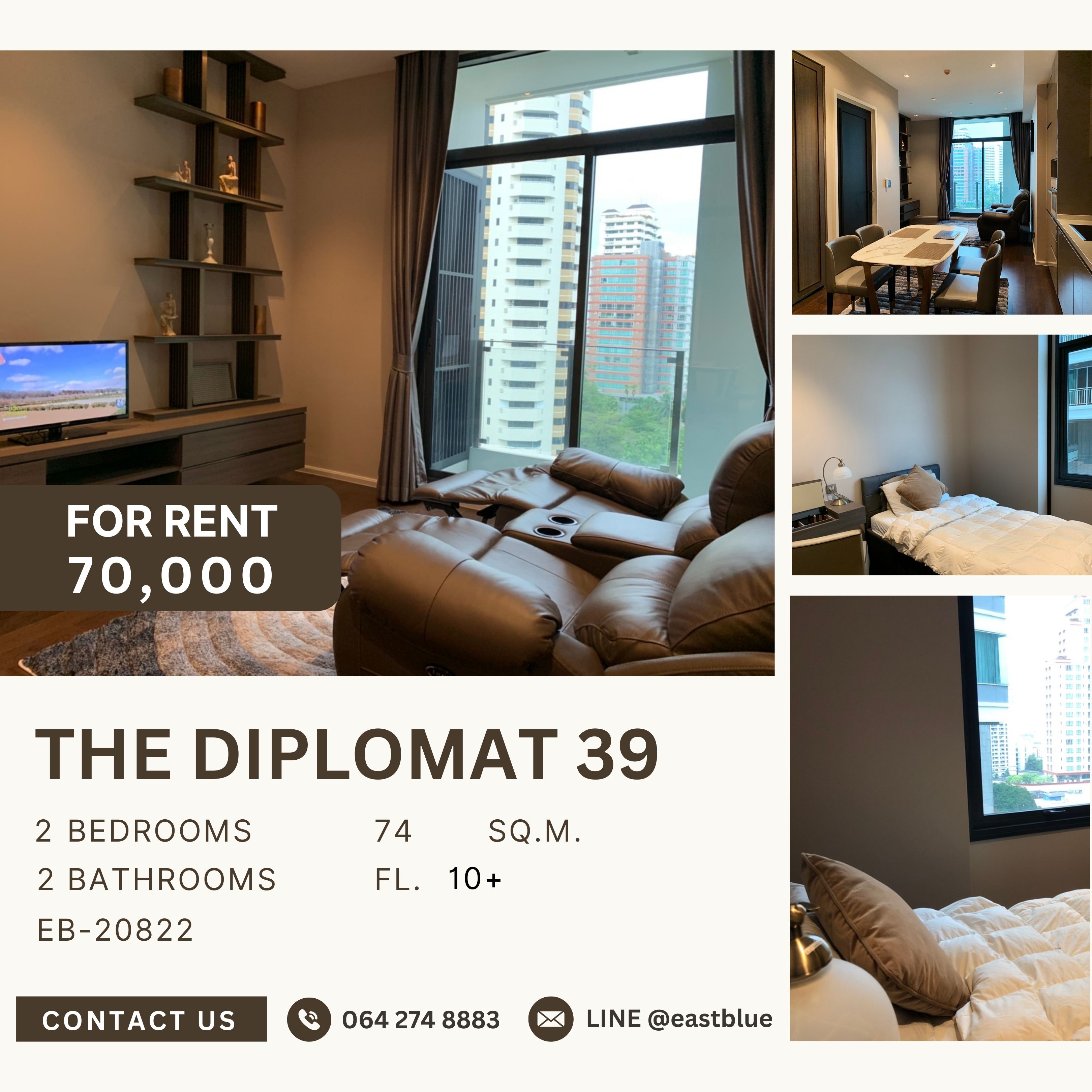 For RentCondoSukhumvit, Asoke, Thonglor : The Diplomat 39, 2 bed, 70000 per month