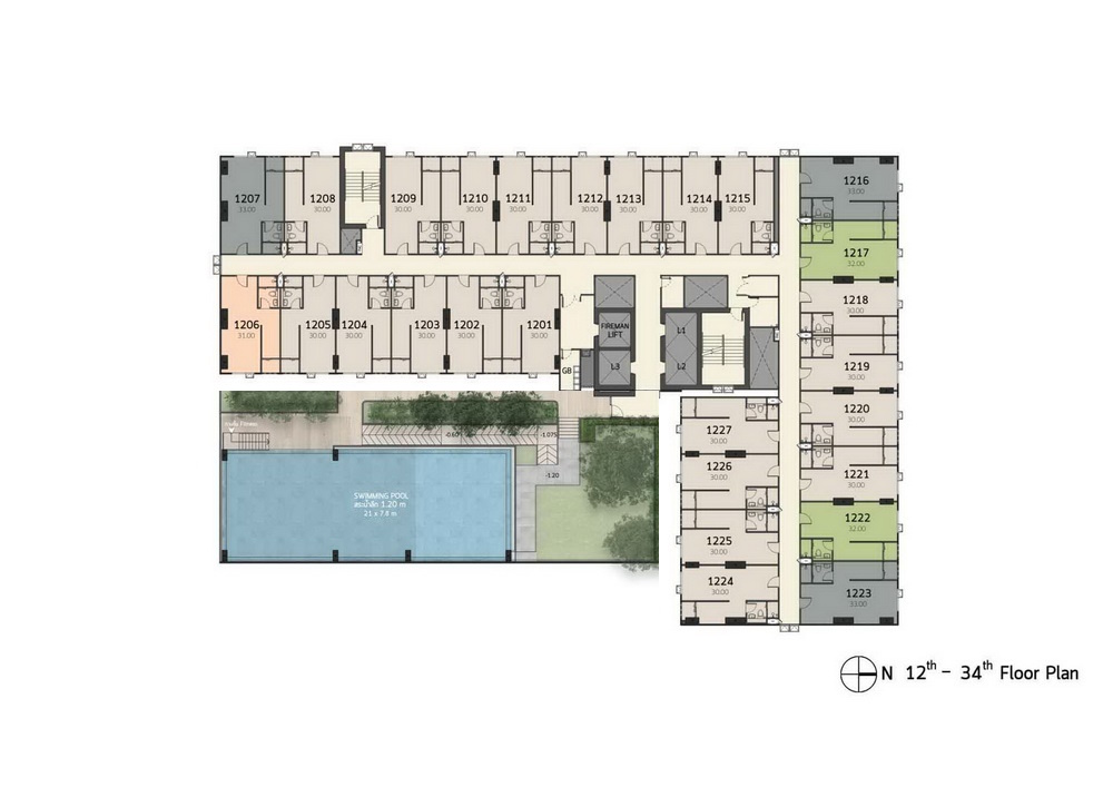 Sale DownCondoPathum Thani,Rangsit, Thammasat : 1.2x view of the middle pool of Terra Residence Phase 1