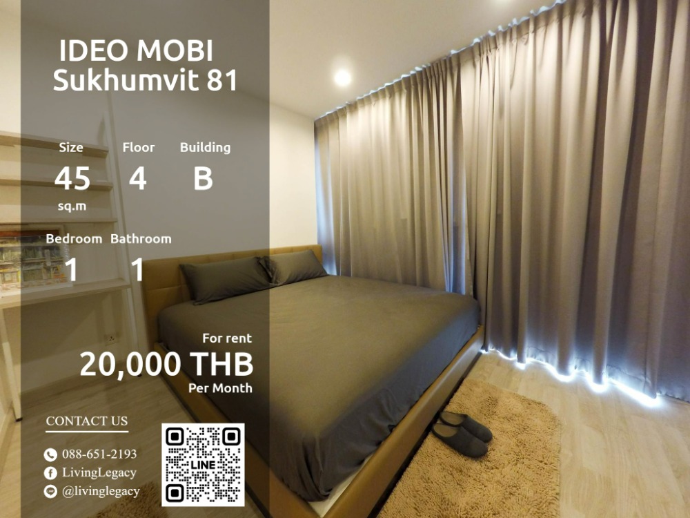 For RentCondoOnnut, Udomsuk : SOIXGI Condo for rent IDEO MOBI Sukhumvit 81 45 sq m. 4th floor Building B line id : @livinglegacy