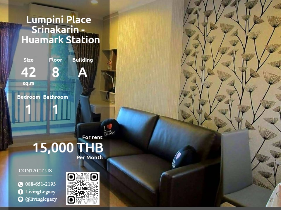 For RentCondoPattanakan, Srinakarin : SH7E6R Condo for rent Lumpini Place Srinakarin - Huamark Station 42 sq m. 8th floor, Building A line id : @livinglegacy