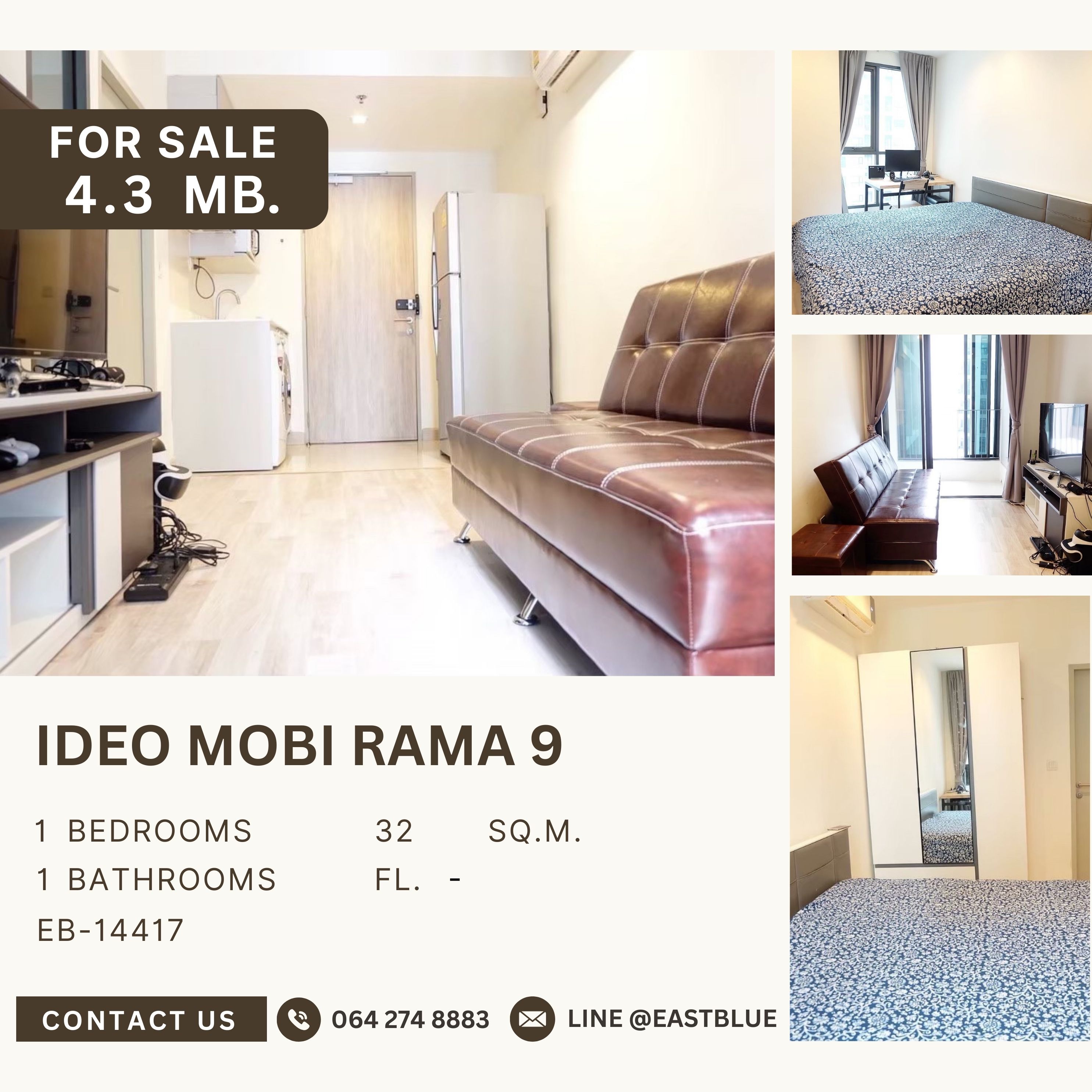 For SaleCondoRama9, Petchburi, RCA : For sale: Ideo Mobi Rama 9, high floor, cheap price, good location, 4.3 million baht