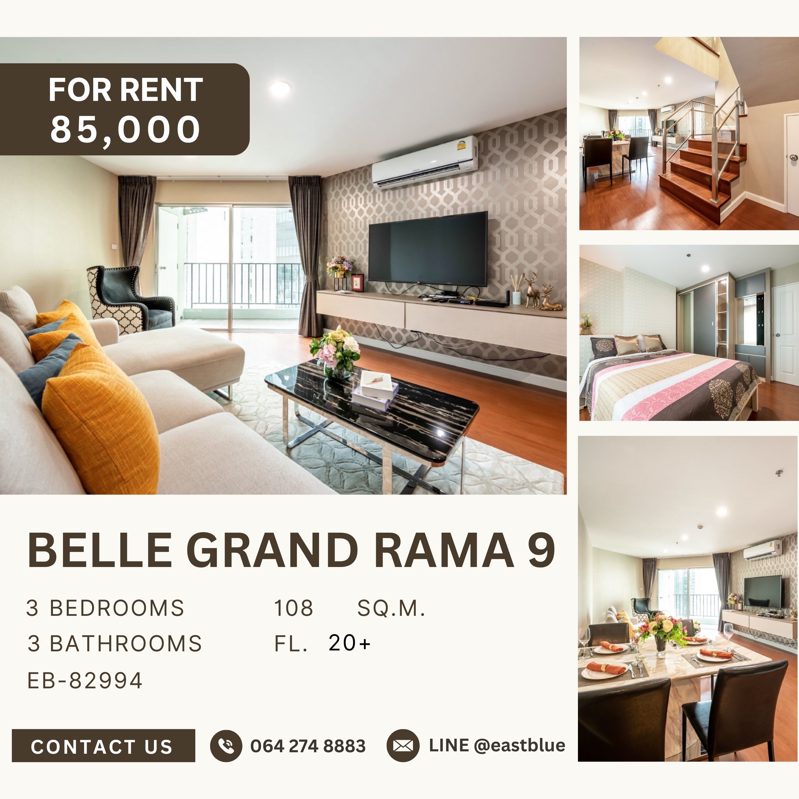 ให้เช่าคอนโดพระราม 9 เพชรบุรีตัดใหม่ RCA : Belle Grand Rama 9, 3 bed, 85000 per month