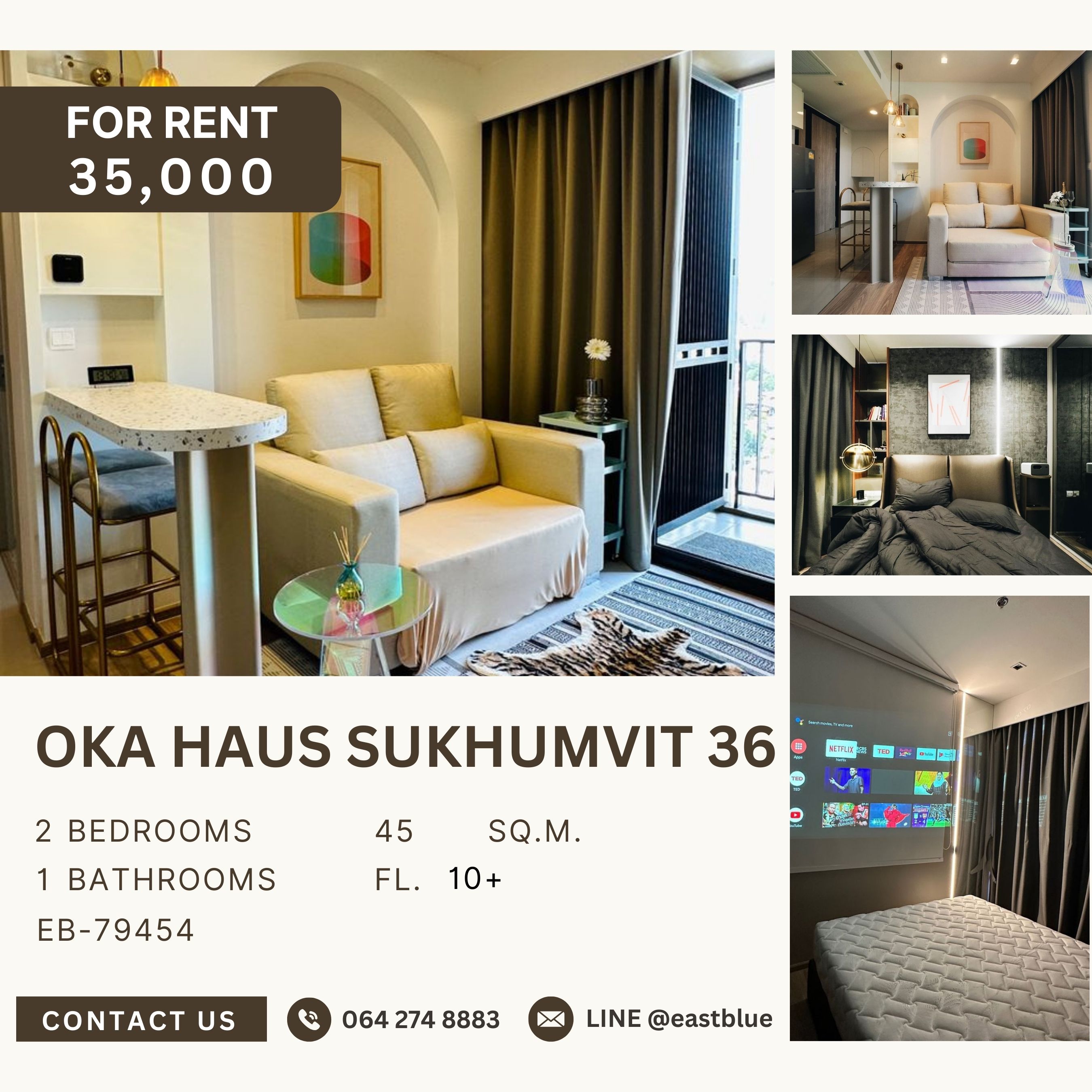 ให้เช่าคอนโดสุขุมวิท อโศก ทองหล่อ : Oka Haus Sukhumvit 36, 2 bed, 35000 per month