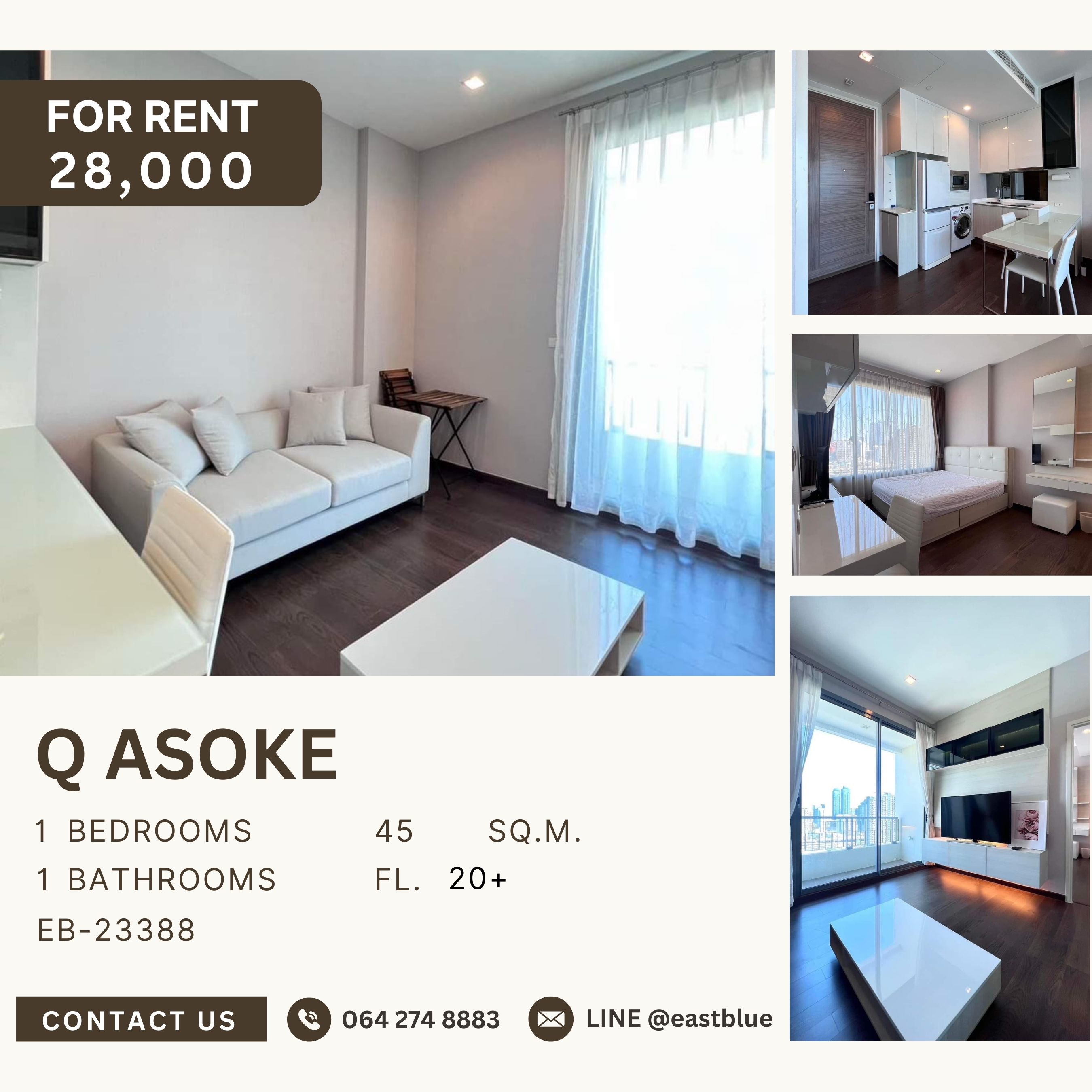 For RentCondoRama9, Petchburi, RCA : Q Asoke, 1 bed, 28000 per month