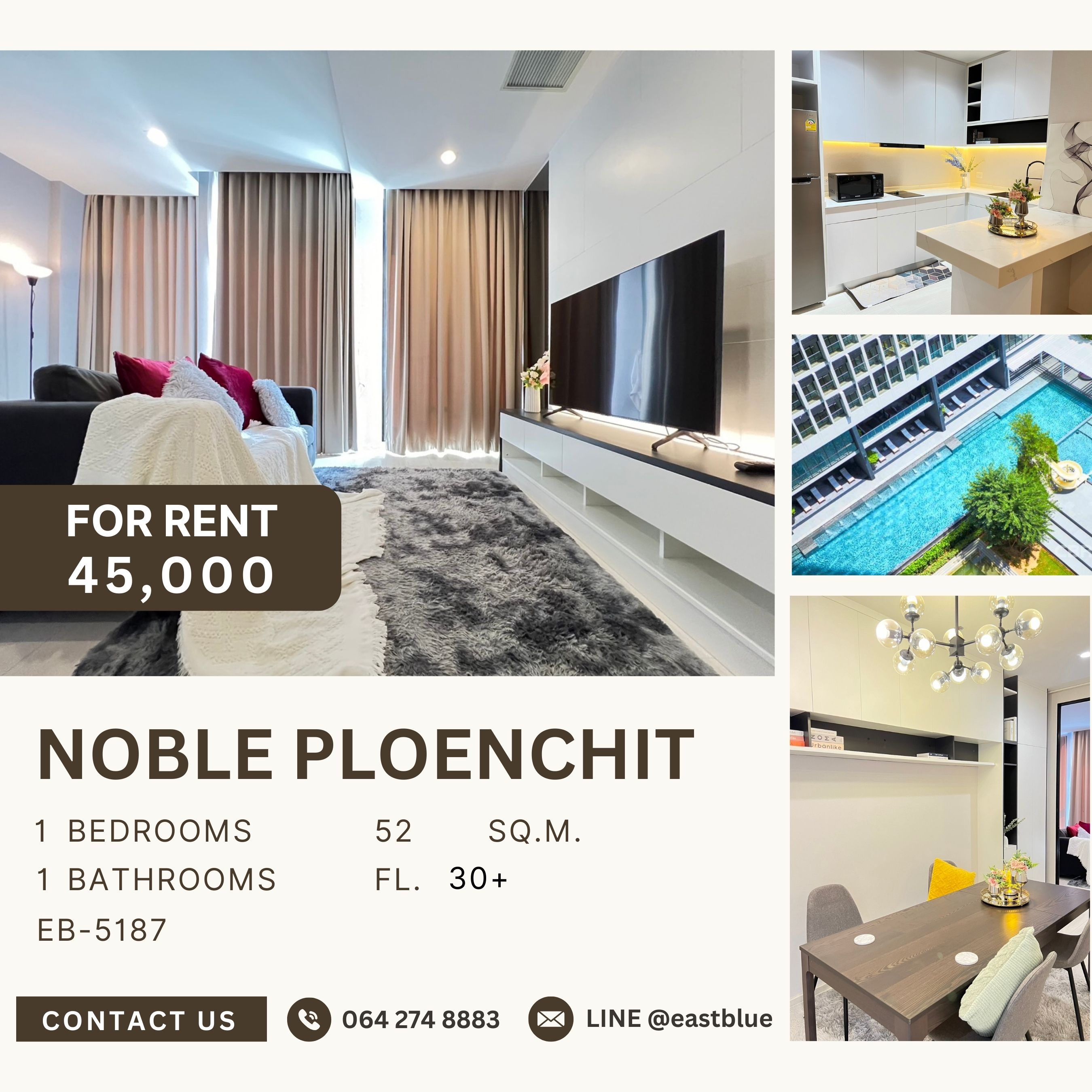 ให้เช่าคอนโดวิทยุ ชิดลม หลังสวน : Noble Ploenchit, 1 bed, 45000 per month