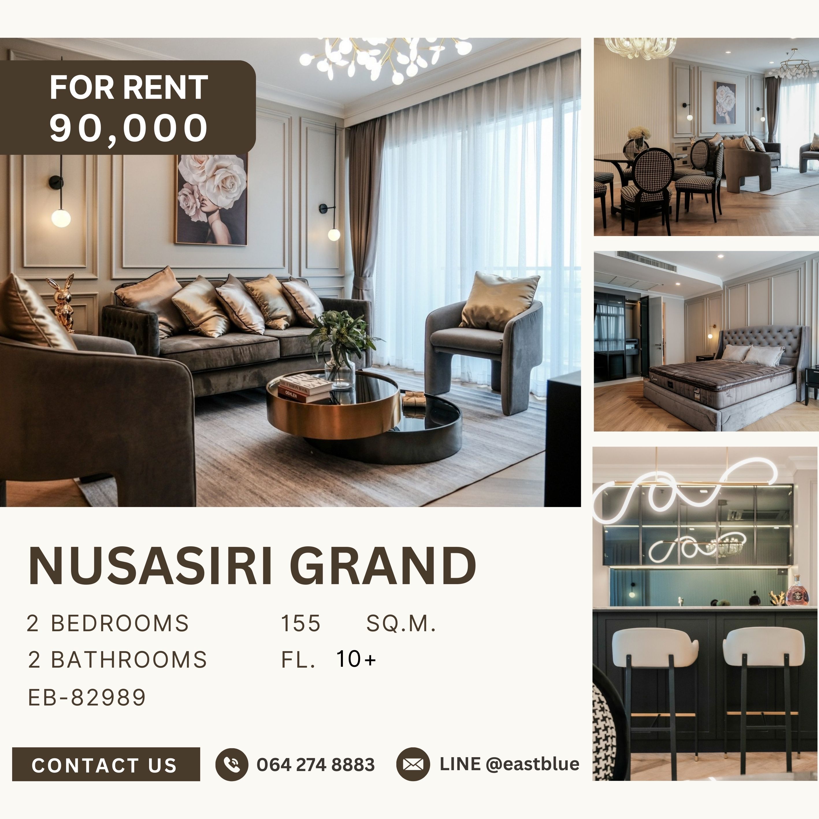 ให้เช่าคอนโดสุขุมวิท อโศก ทองหล่อ : Nusasiri Grand Condo, 2 bed, 90000 per month