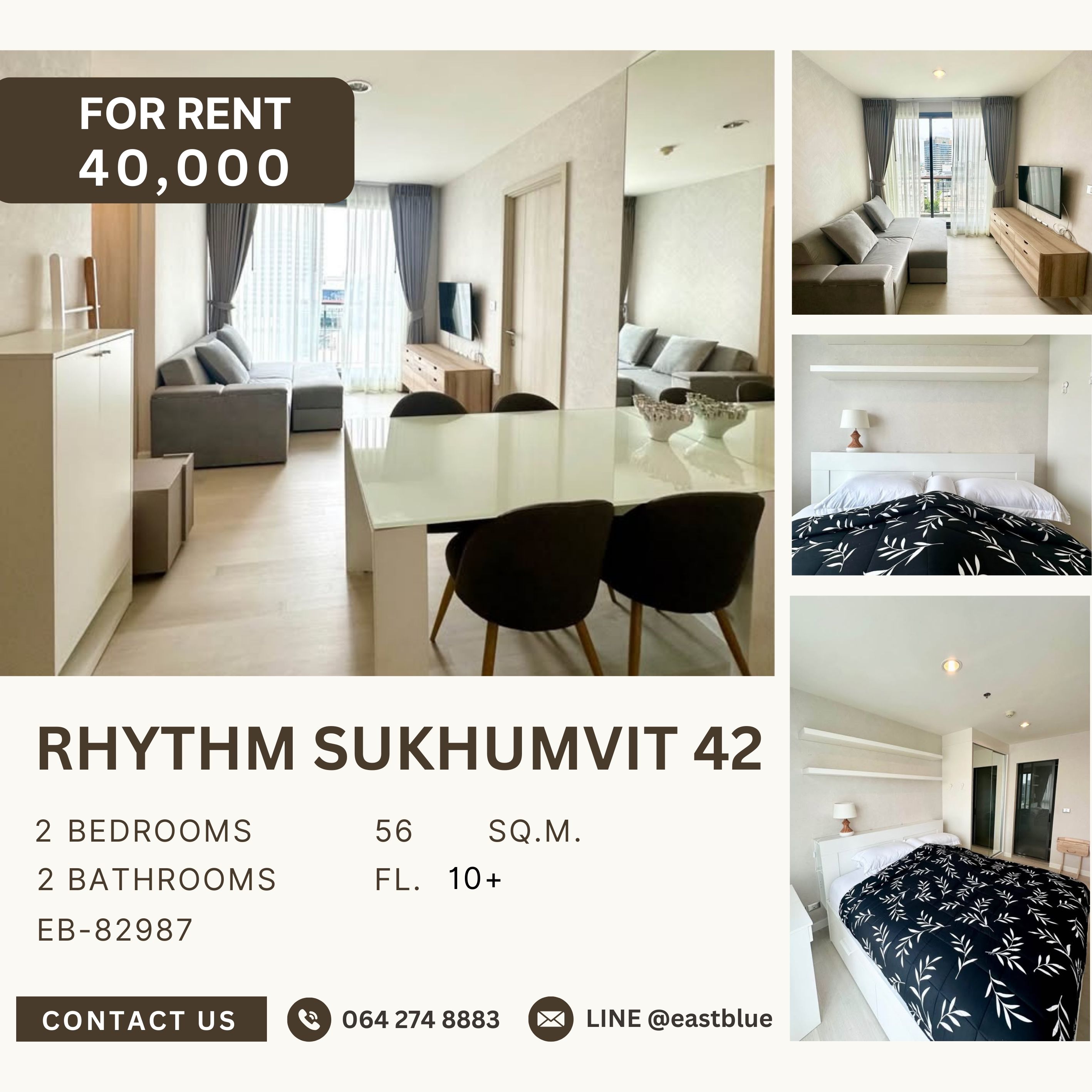 ให้เช่าคอนโดสุขุมวิท อโศก ทองหล่อ : RHYTHM Sukhumvit 42, 2 bed, 40000 per month