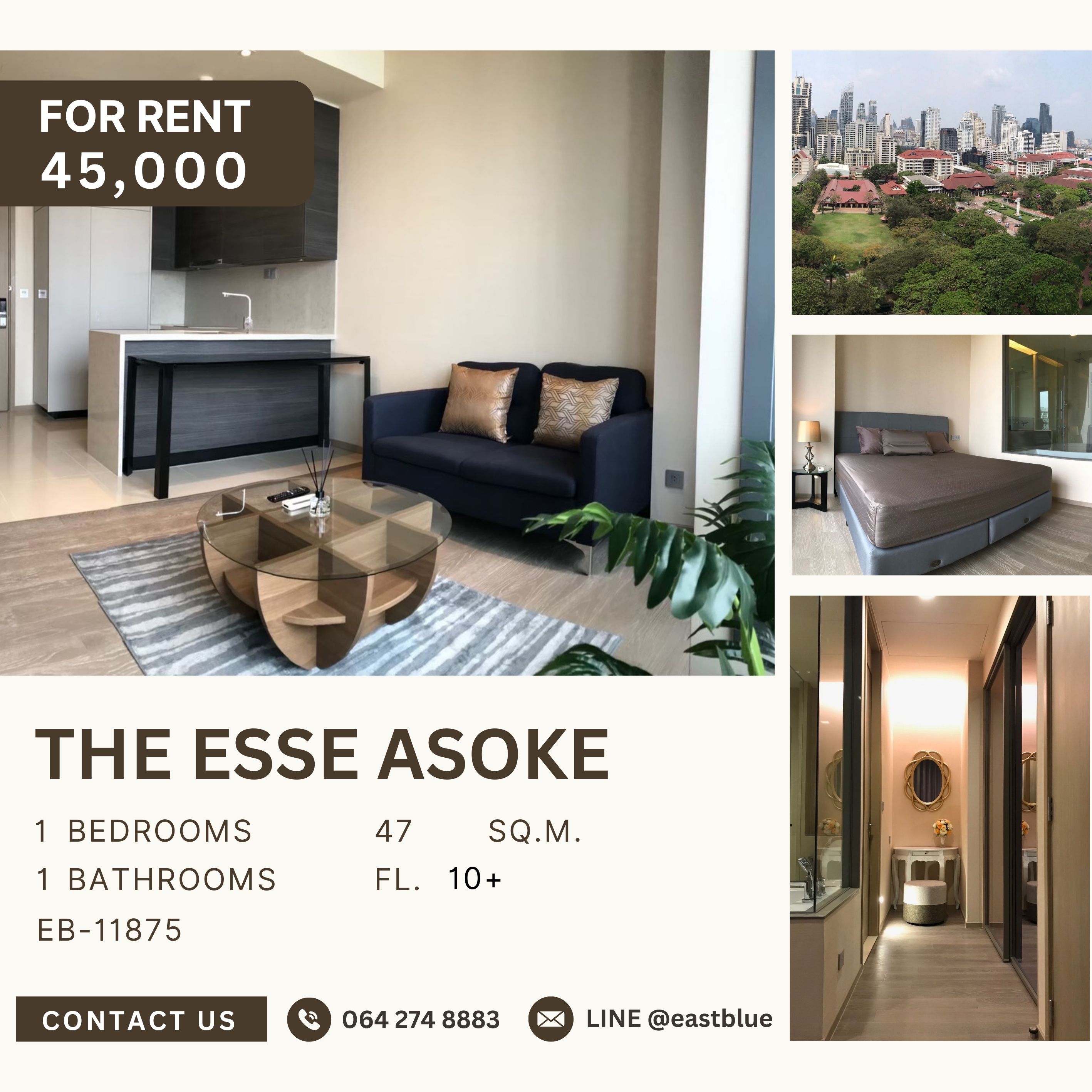 ให้เช่าคอนโดสุขุมวิท อโศก ทองหล่อ : The Esse Asoke, 1 bed, 45000 per month