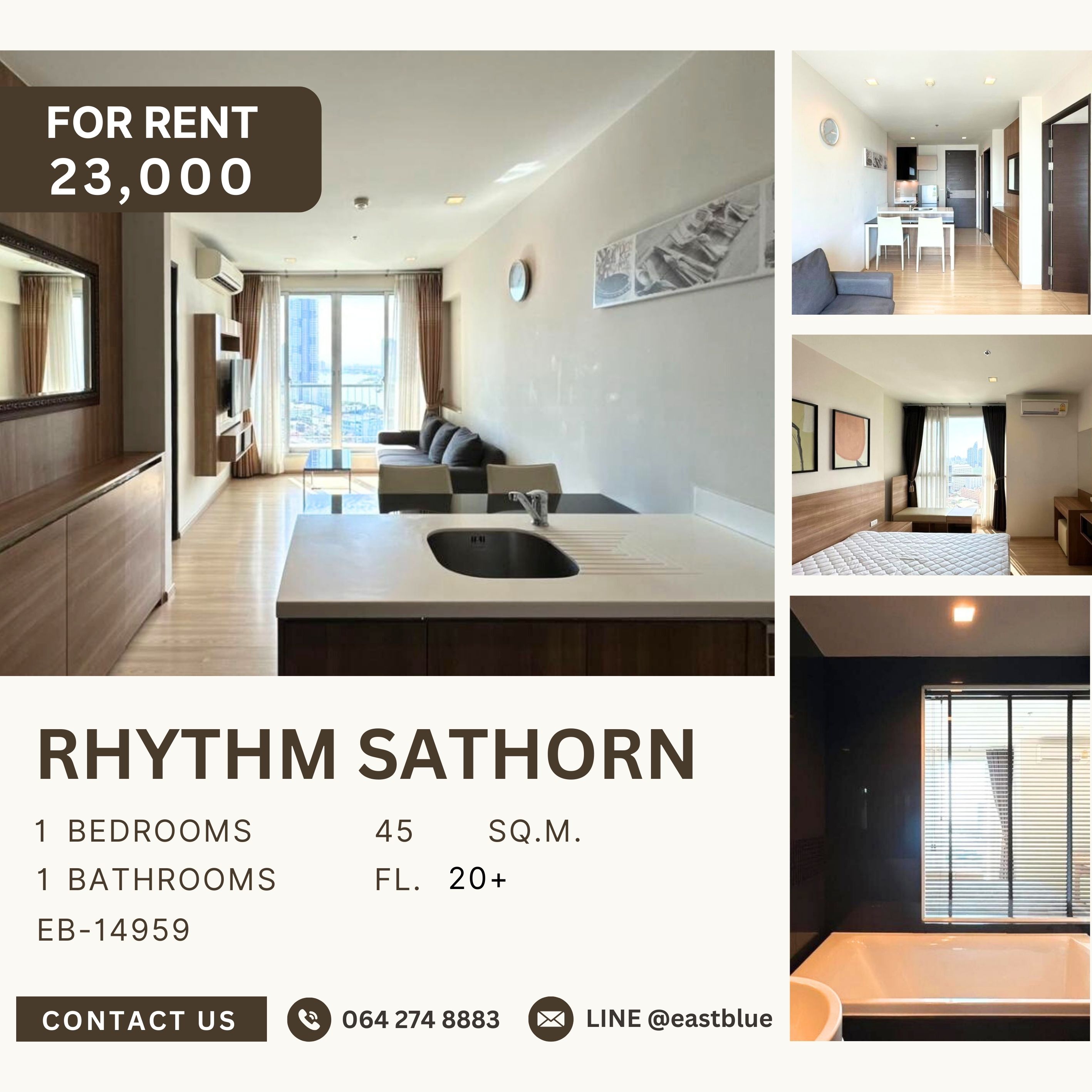 For RentCondoSathorn, Narathiwat : RHYTHM Sathorn, 1 bed, 23000 per month