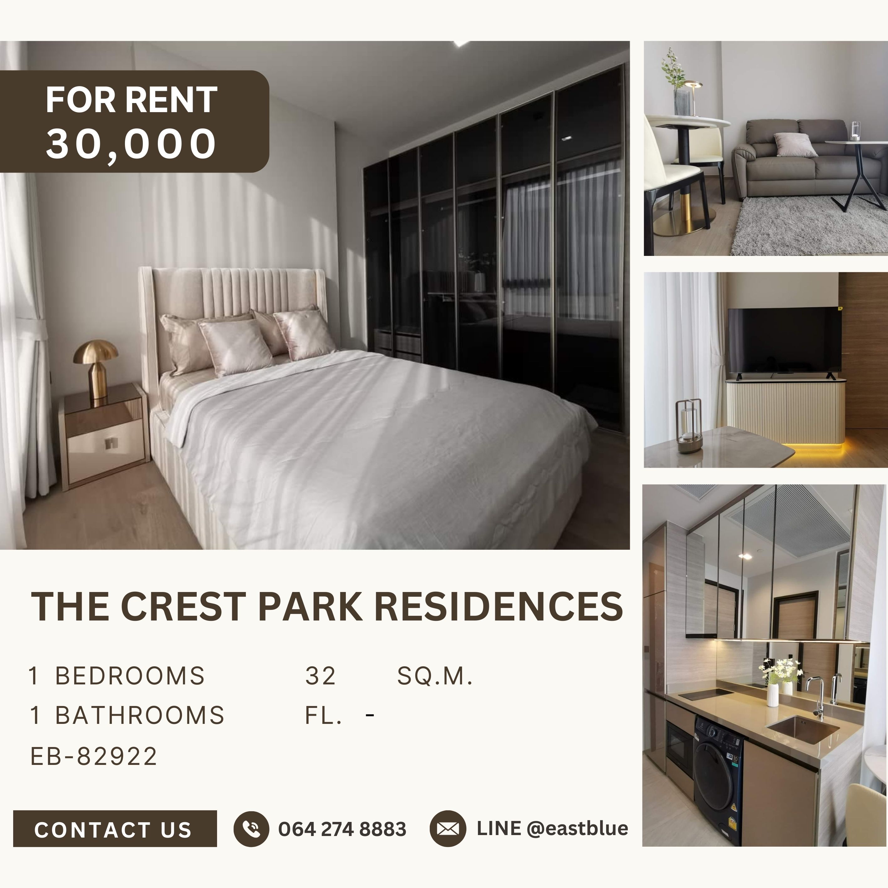 ให้เช่าคอนโดลาดพร้าว เซ็นทรัลลาดพร้าว : The Crest Park Residences, 1 bed, 30000 per month