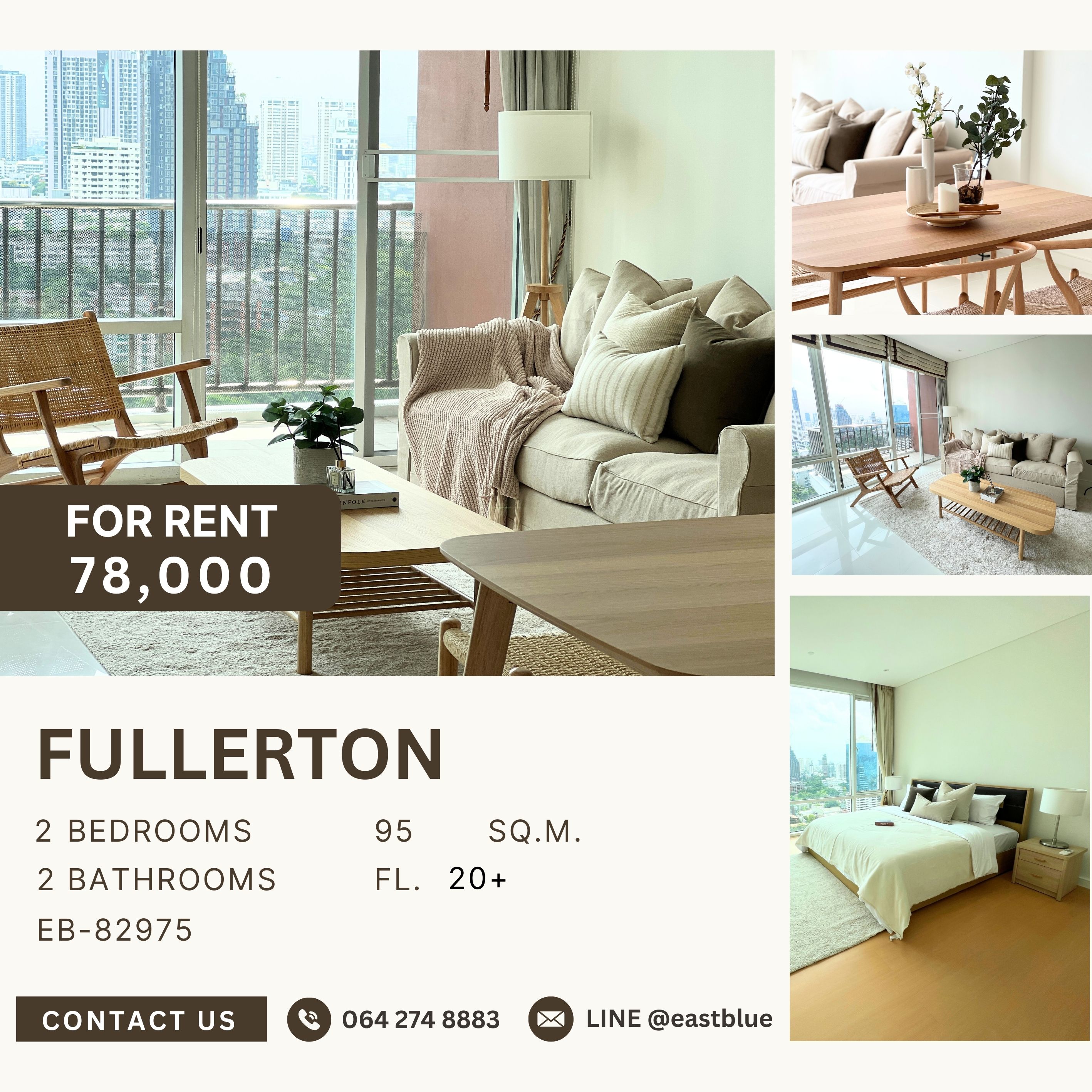 ให้เช่าคอนโดสุขุมวิท อโศก ทองหล่อ : Fullerton, 2 bed, 78000 per month