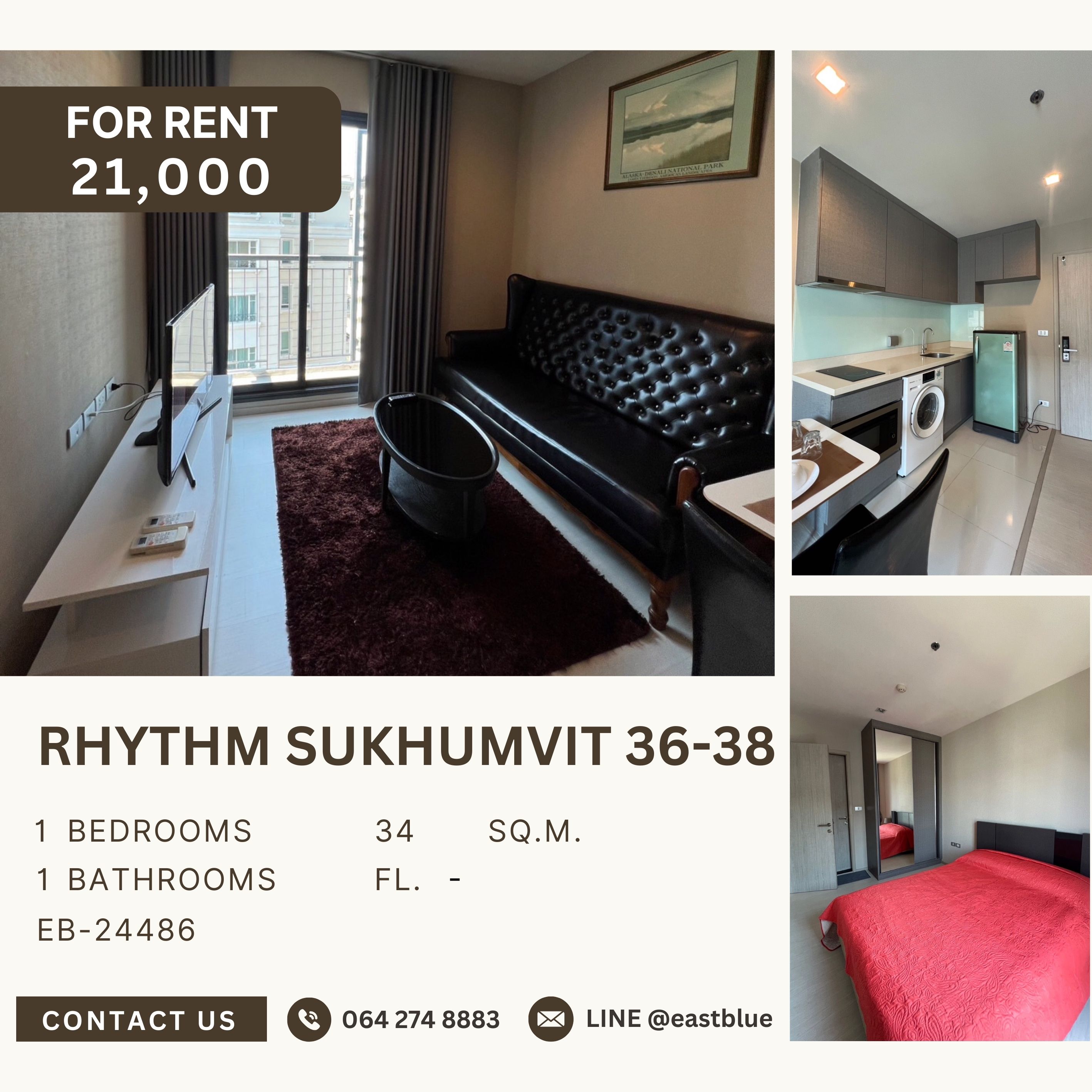 ให้เช่าคอนโดสุขุมวิท อโศก ทองหล่อ : RHYTHM Sukhumvit 36-38, 1 bed, 21000 per month